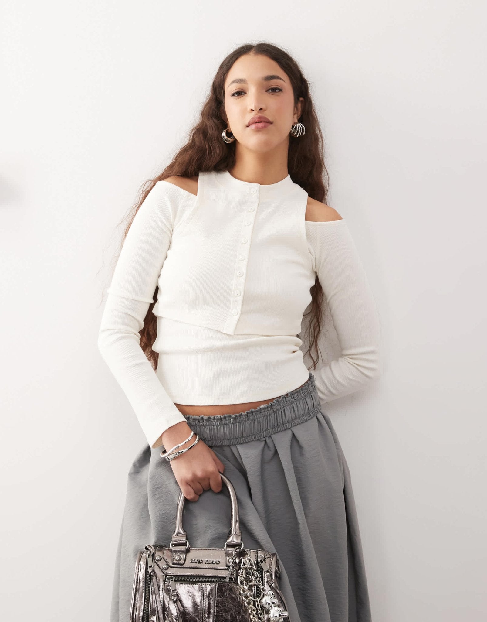 ASOS DESIGN button through double layer cut out top in ecru - ASOS Sample Sale
