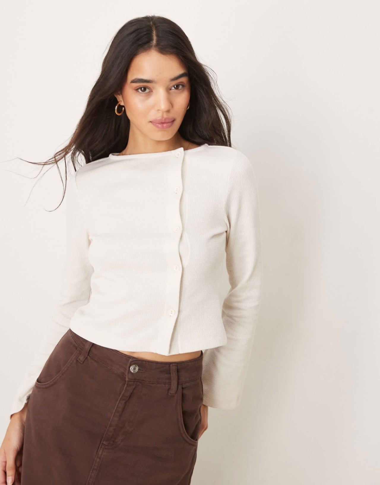 ASOS DESIGN button through flare sleeve waffle top in cream - ASOS Sample Sale