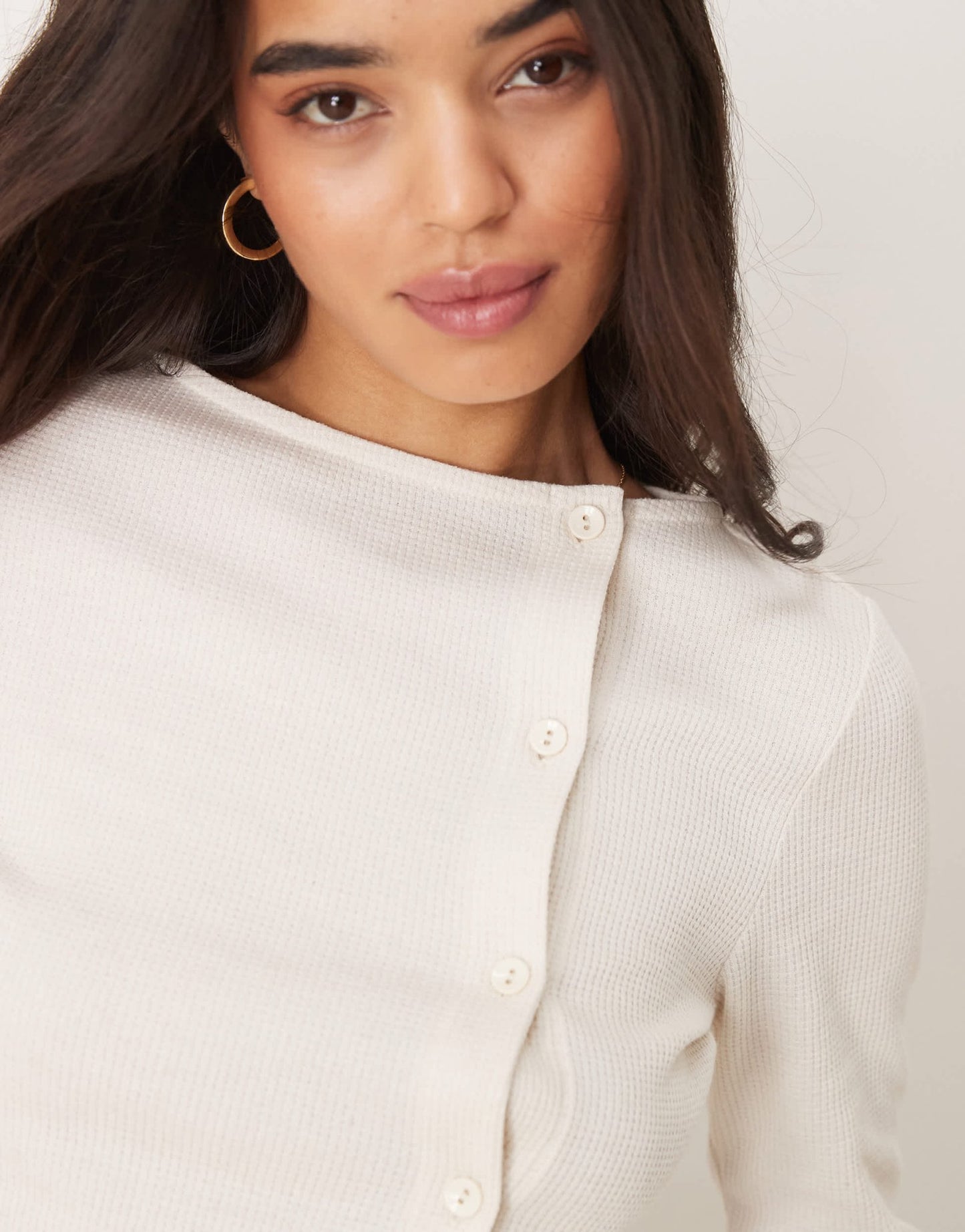 ASOS DESIGN button through flare sleeve waffle top in cream - ASOS Sample Sale