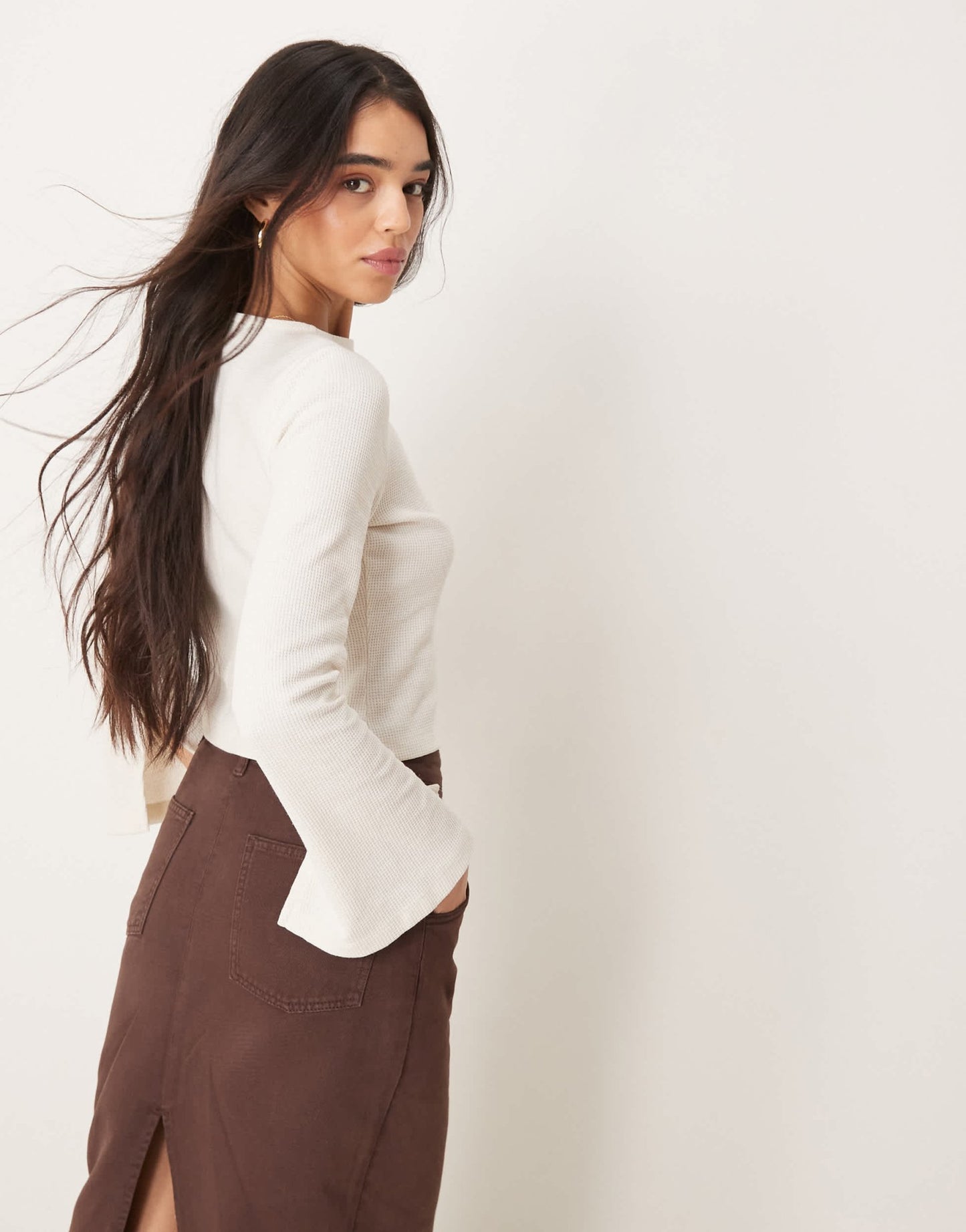 ASOS DESIGN button through flare sleeve waffle top in cream - ASOS Sample Sale
