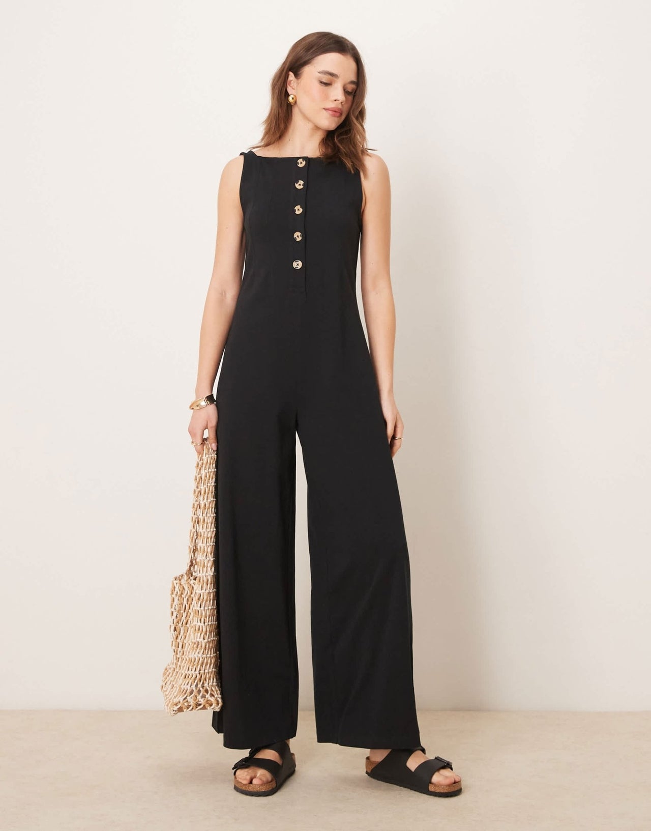 ASOS DESIGN button through jumpsuit in black - ASOS Sample Sale