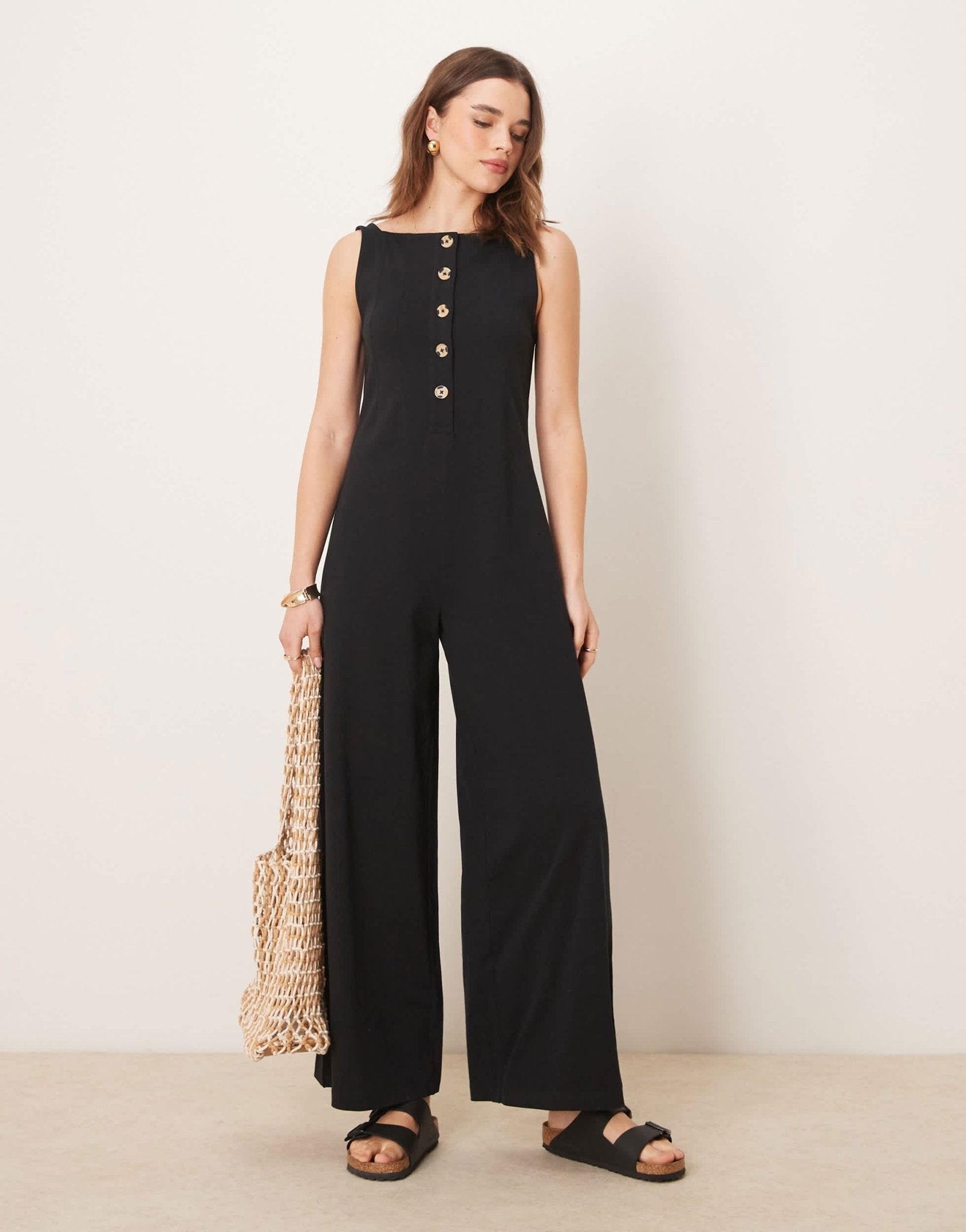 ASOS DESIGN button through jumpsuit in black - ASOS Sample Sale
