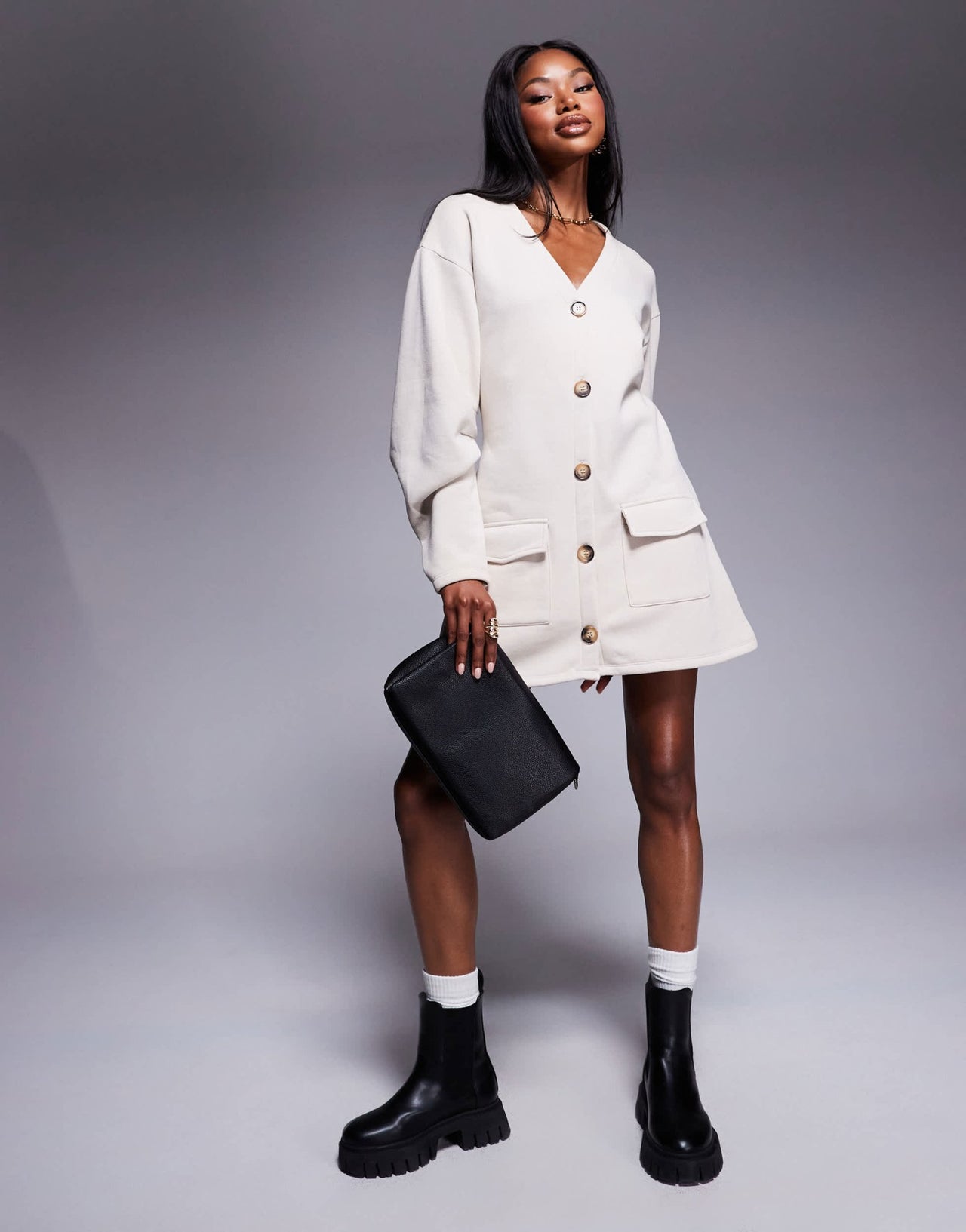 ASOS DESIGN button through mini dress with cocoon sleeve in cream - ASOS Sample Sale
