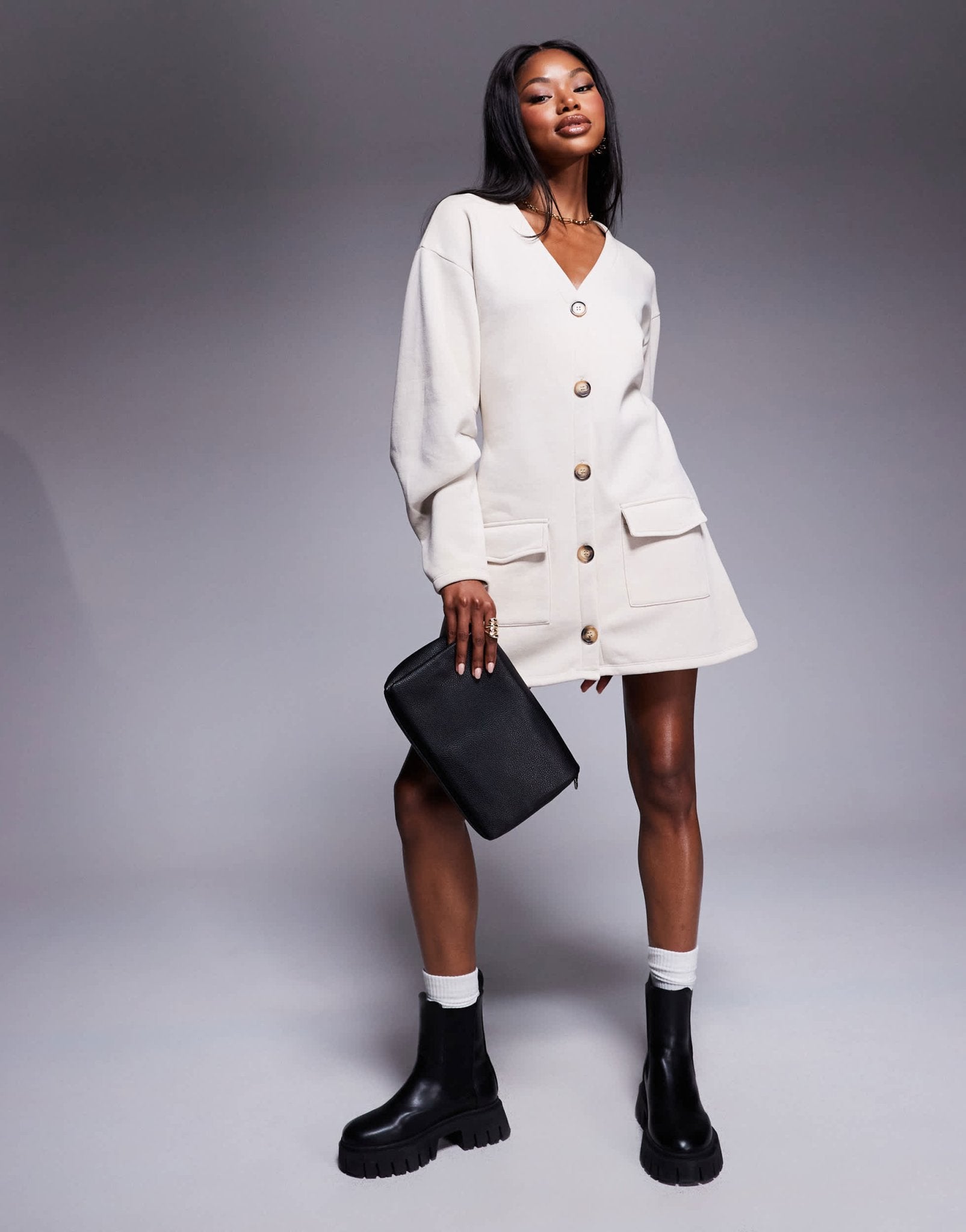ASOS DESIGN button through mini dress with cocoon sleeve in cream - ASOS Sample Sale