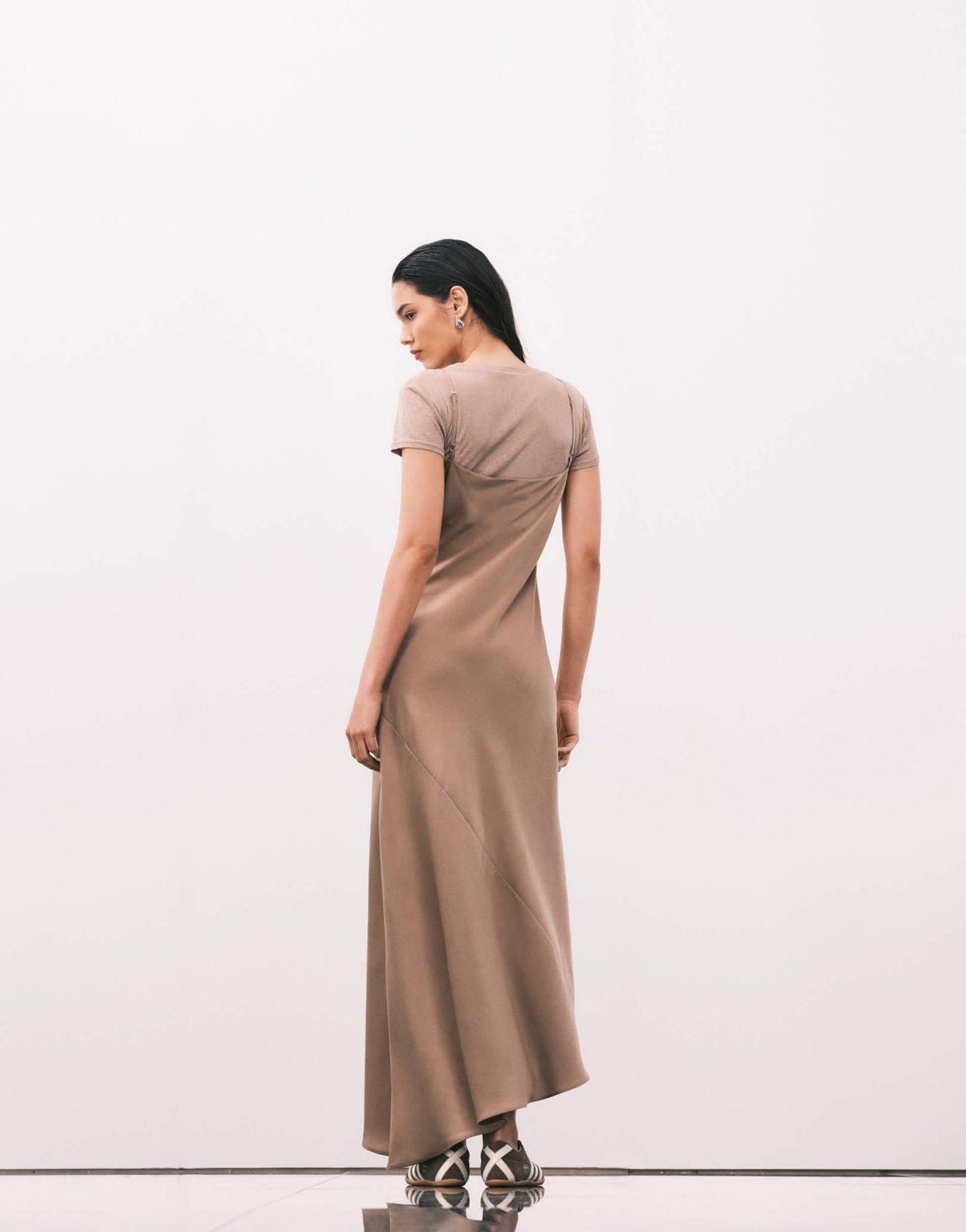ASOS DESIGN cami satin 2 in 1 t shirt midi dress in champagne - ASOS Sample Sale