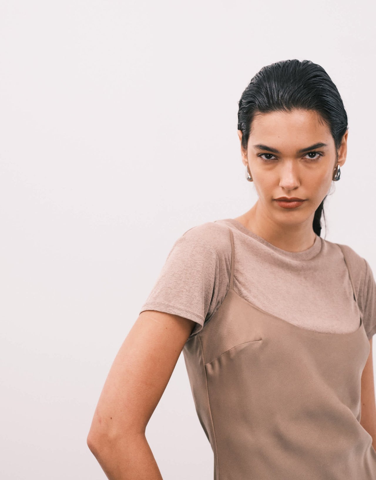 ASOS DESIGN cami satin 2 in 1 t shirt midi dress in champagne - ASOS Sample Sale
