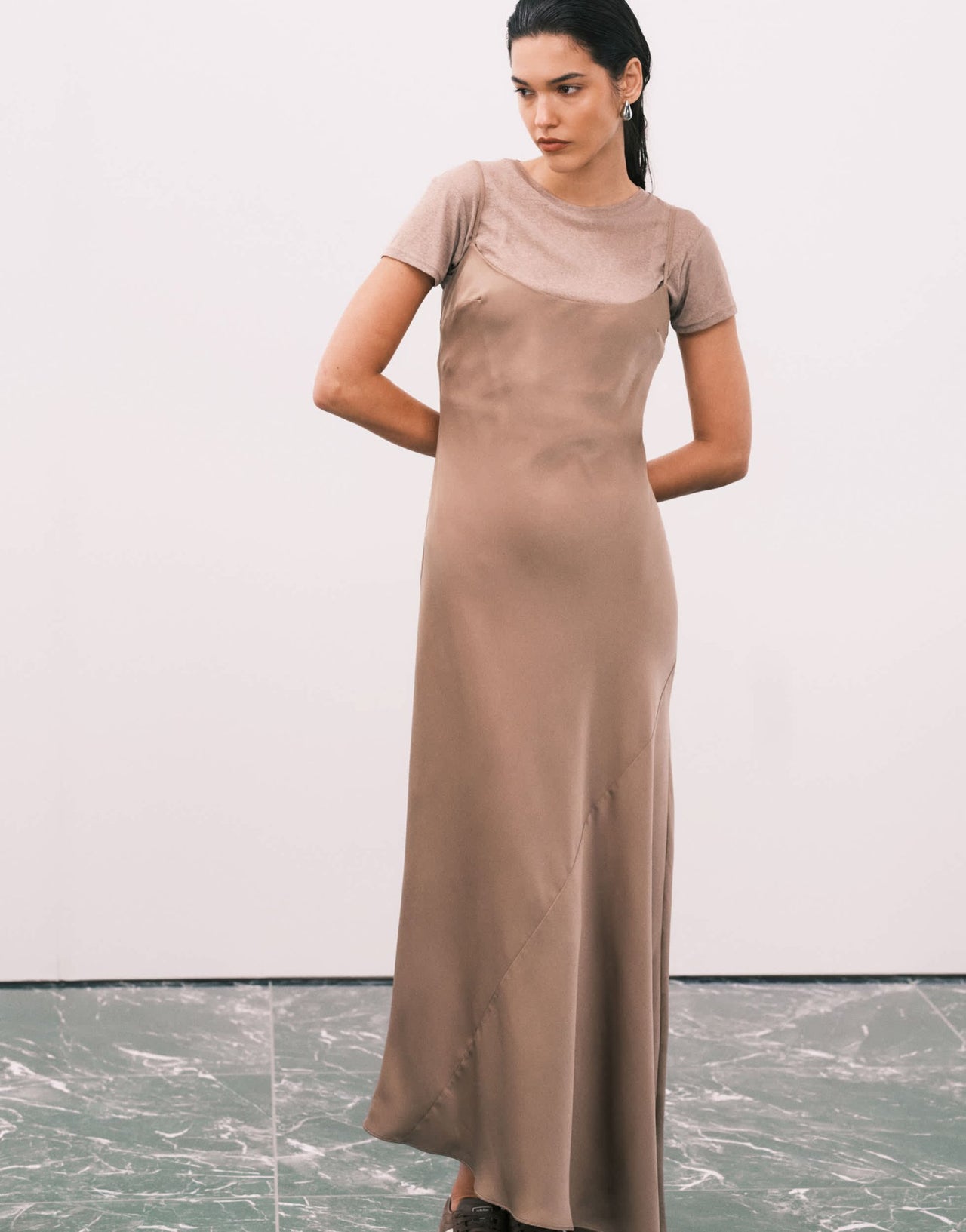 ASOS DESIGN cami satin 2 in 1 t shirt midi dress in champagne - ASOS Sample Sale