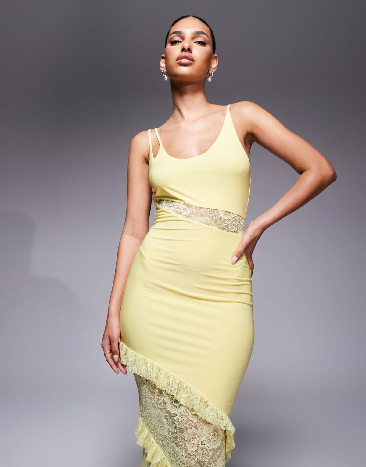 ASOS DESIGN cami strap lace panel maxi dress with ruffle detail in pastel yellow - ASOS Sample Sale