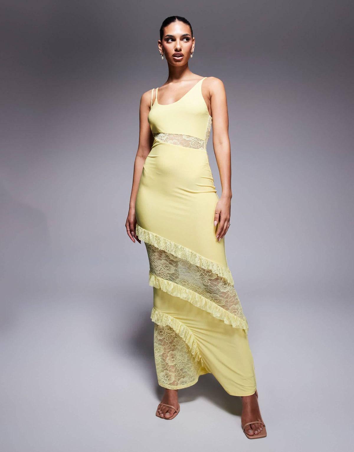 ASOS DESIGN cami strap lace panel maxi dress with ruffle detail in pastel yellow - ASOS Sample Sale