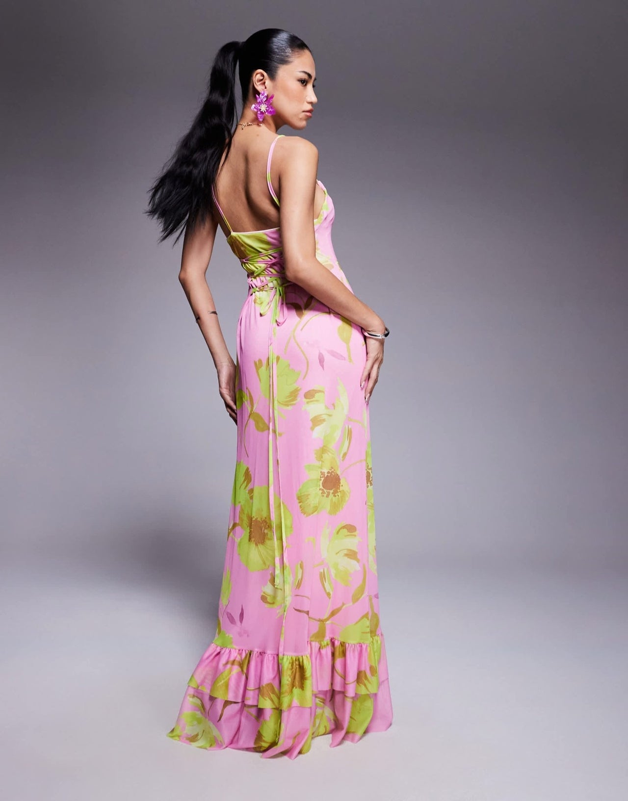 ASOS DESIGN cami strap with lace up back with frill detail maxi dress in bright floral print - ASOS Sample Sale