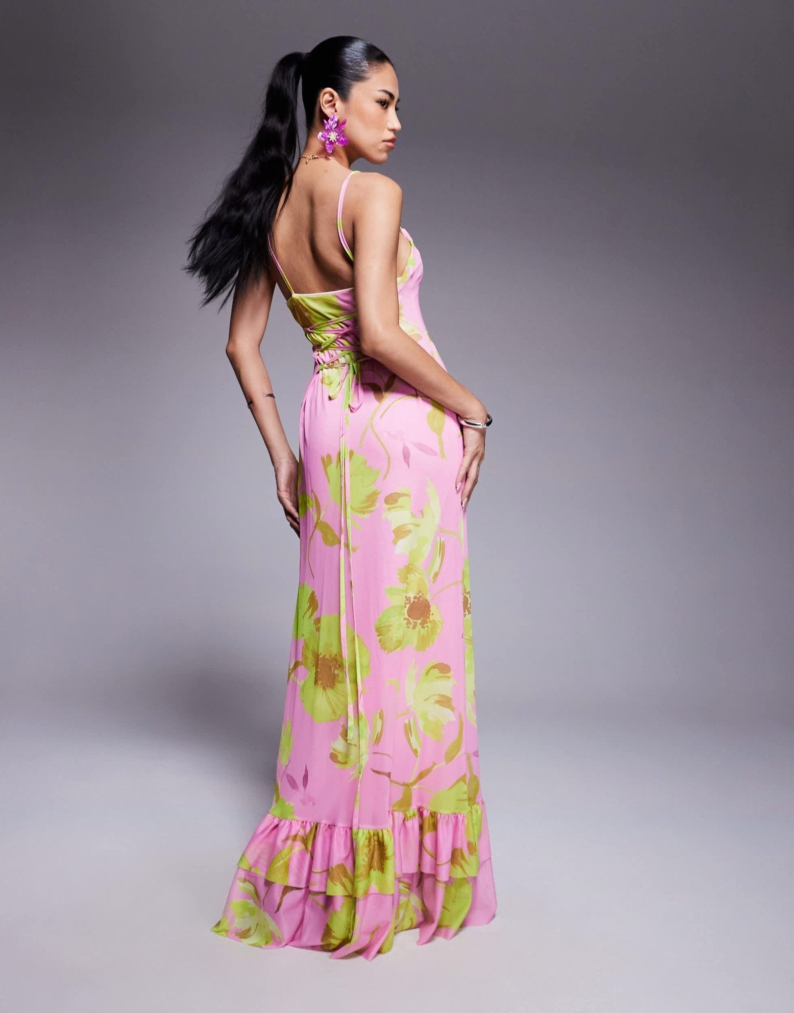 ASOS DESIGN cami strap with lace up back with frill detail maxi dress in bright floral print - ASOS Sample Sale