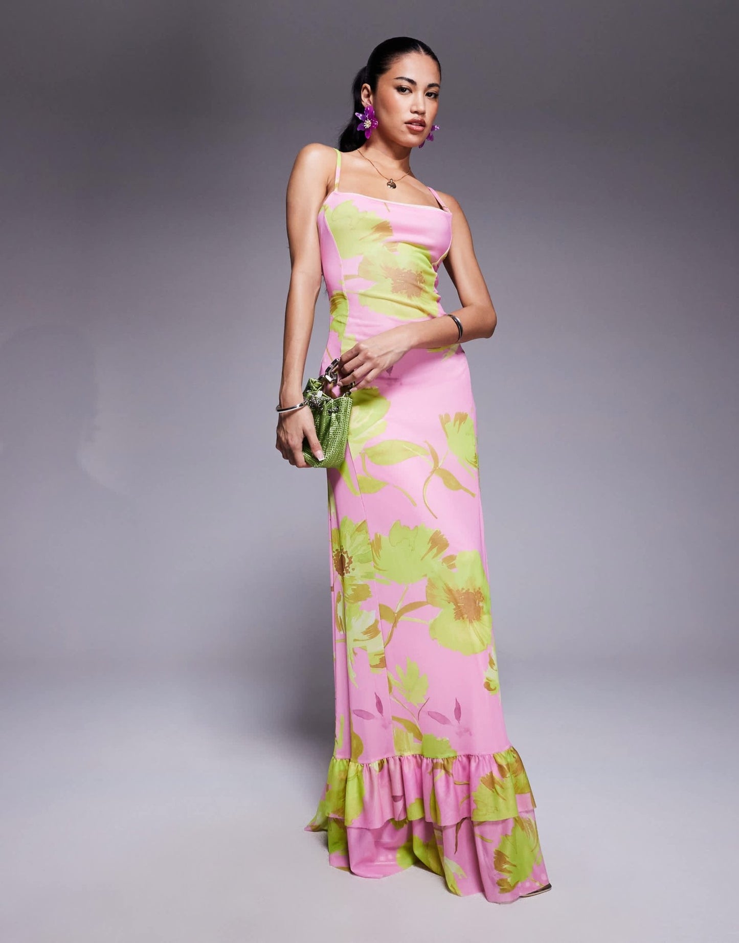 ASOS DESIGN cami strap with lace up back with frill detail maxi dress in bright floral print - ASOS Sample Sale