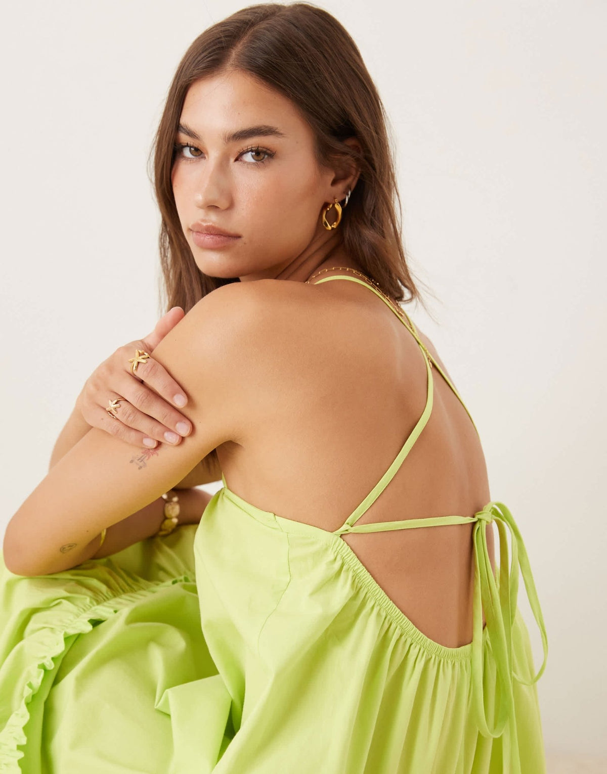 ASOS DESIGN cami tie back trapeze poplin maxi dress in lime - ASOS Sample Sale