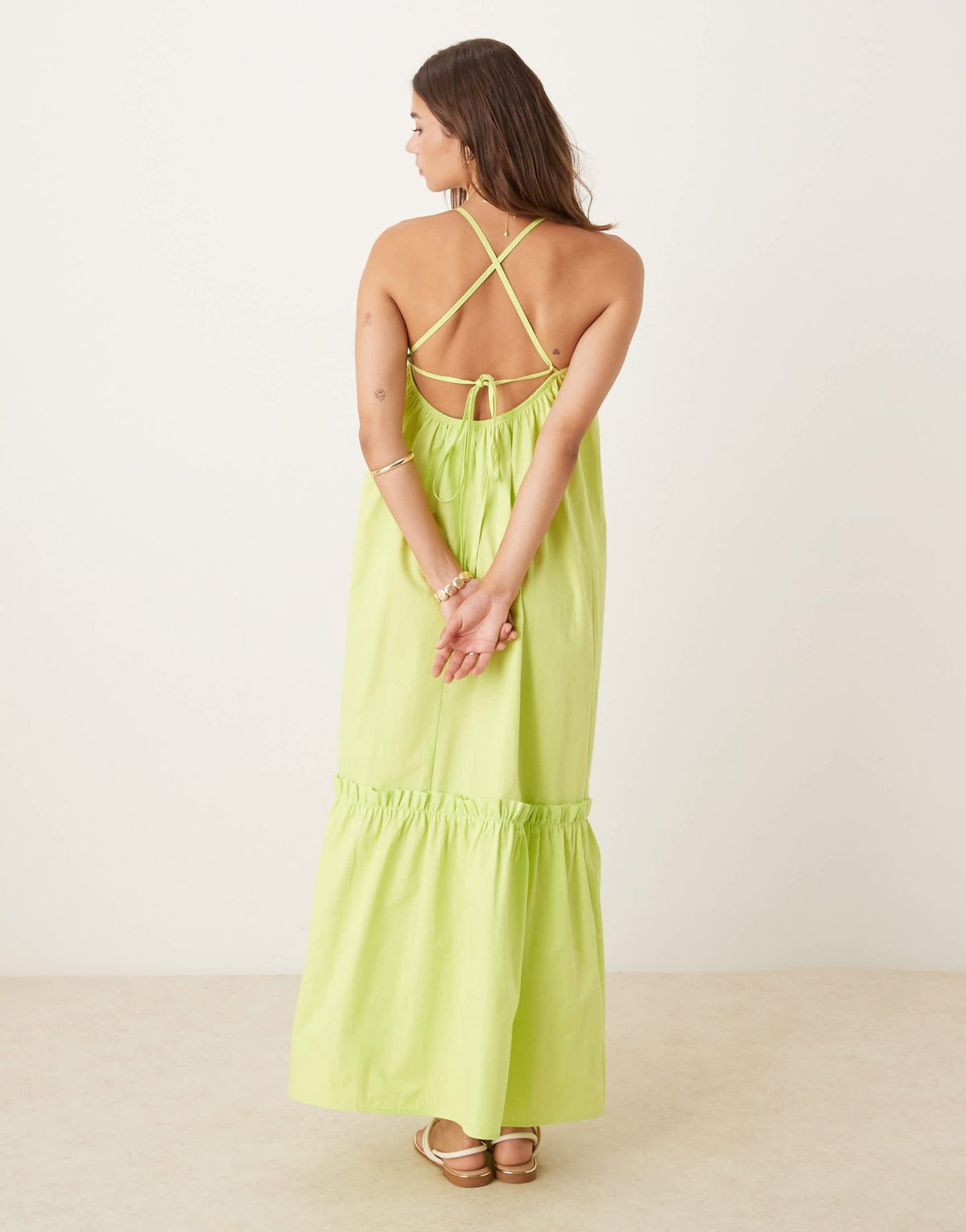 ASOS DESIGN cami tie back trapeze poplin maxi dress in lime - ASOS Sample Sale