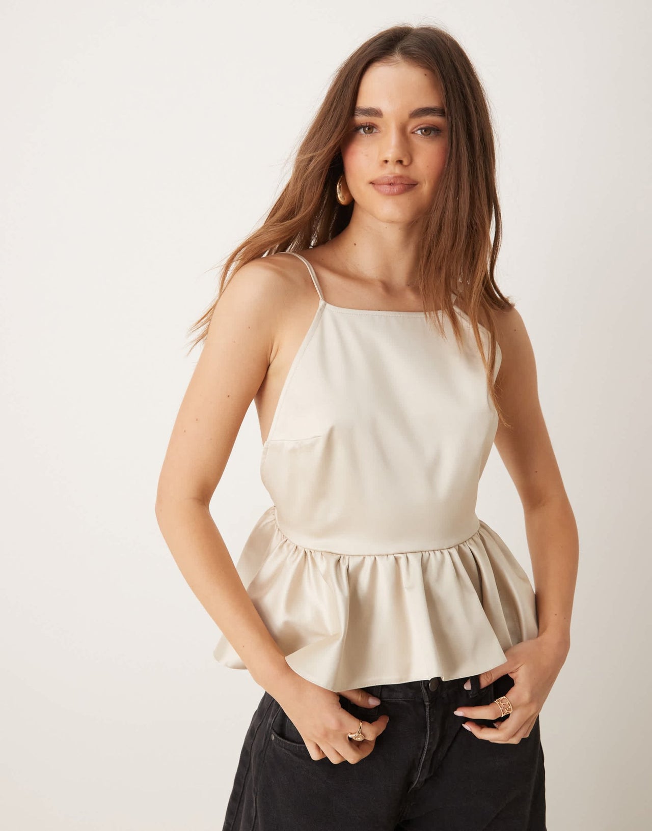ASOS DESIGN cami with peplum in bonded satin in cream - ASOS Sample Sale