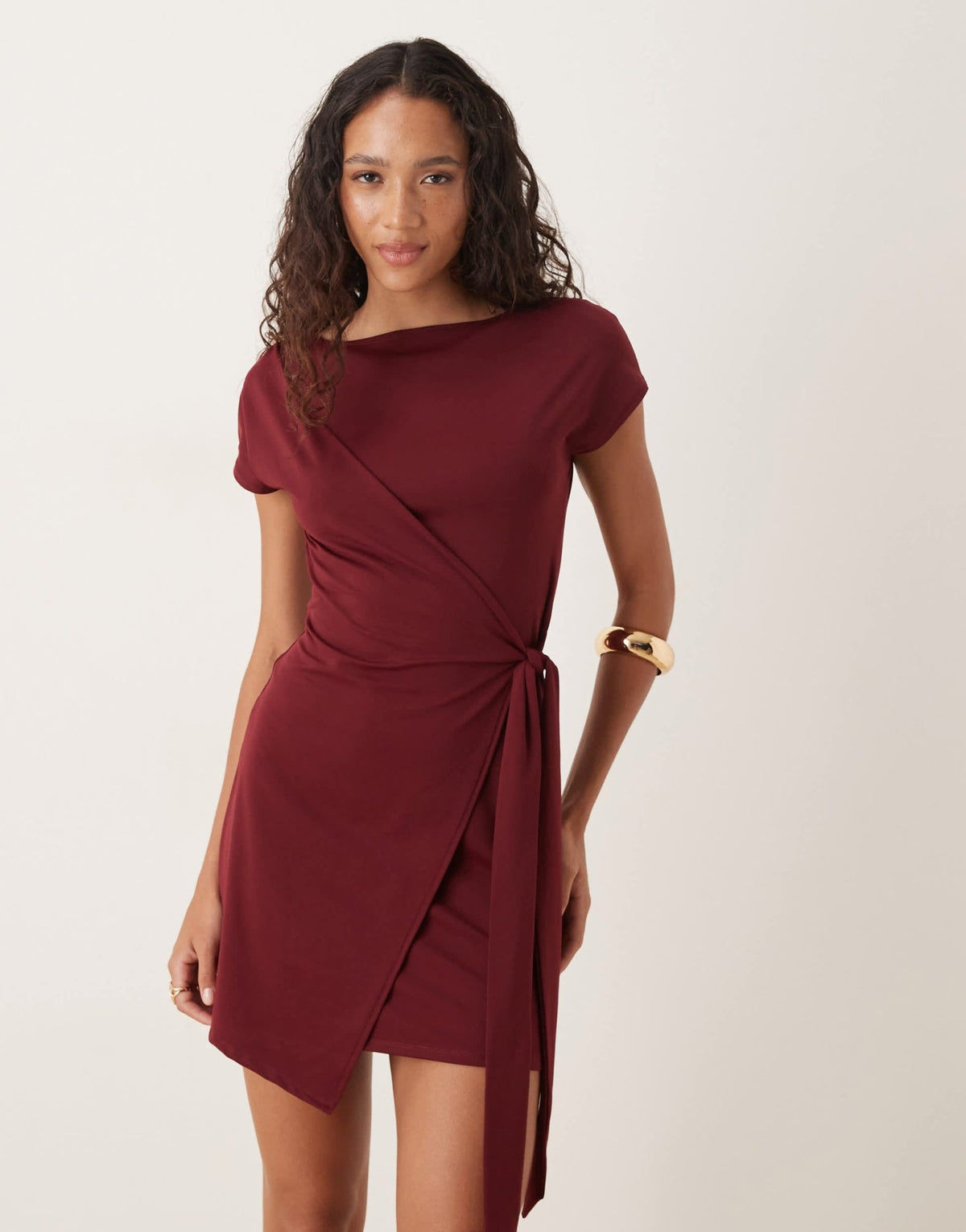 ASOS DESIGN cap sleeve tie wrap front mini dress in burgundy - ASOS Sample Sale