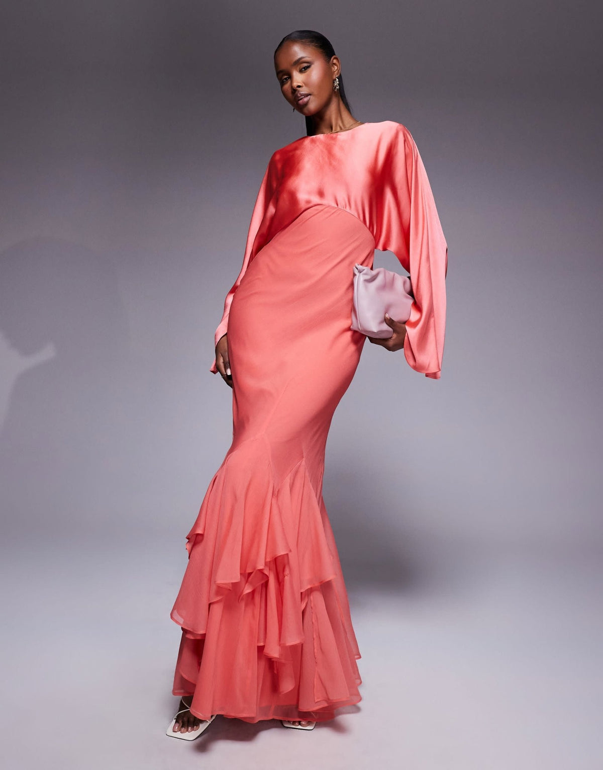 ASOS DESIGN cape sleeve godet maxi dress in coral - ASOS Sample Sale