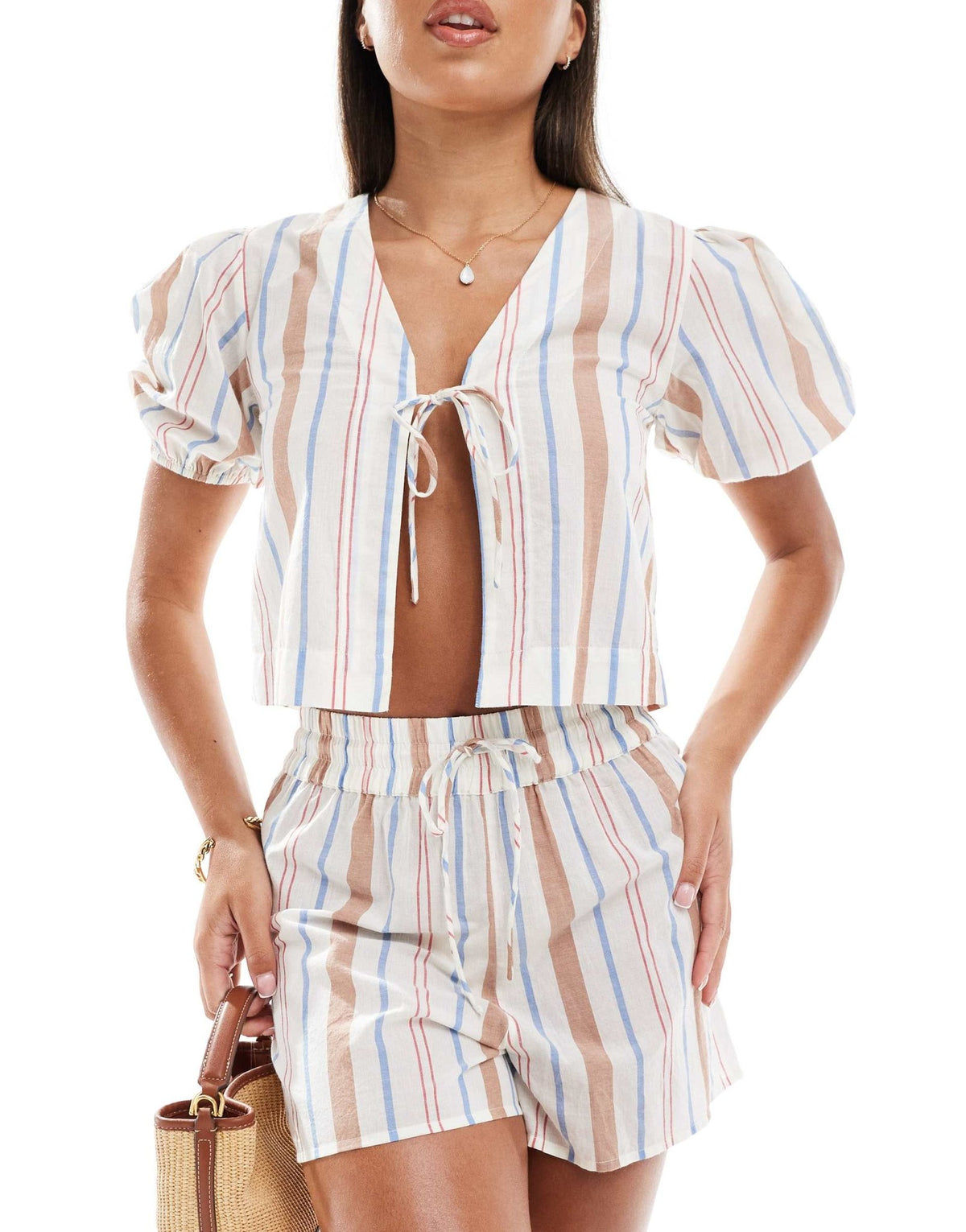 ASOS DESIGN Carrie cotton co - ord tie front beach top in multi stripe - ASOS Sample Sale