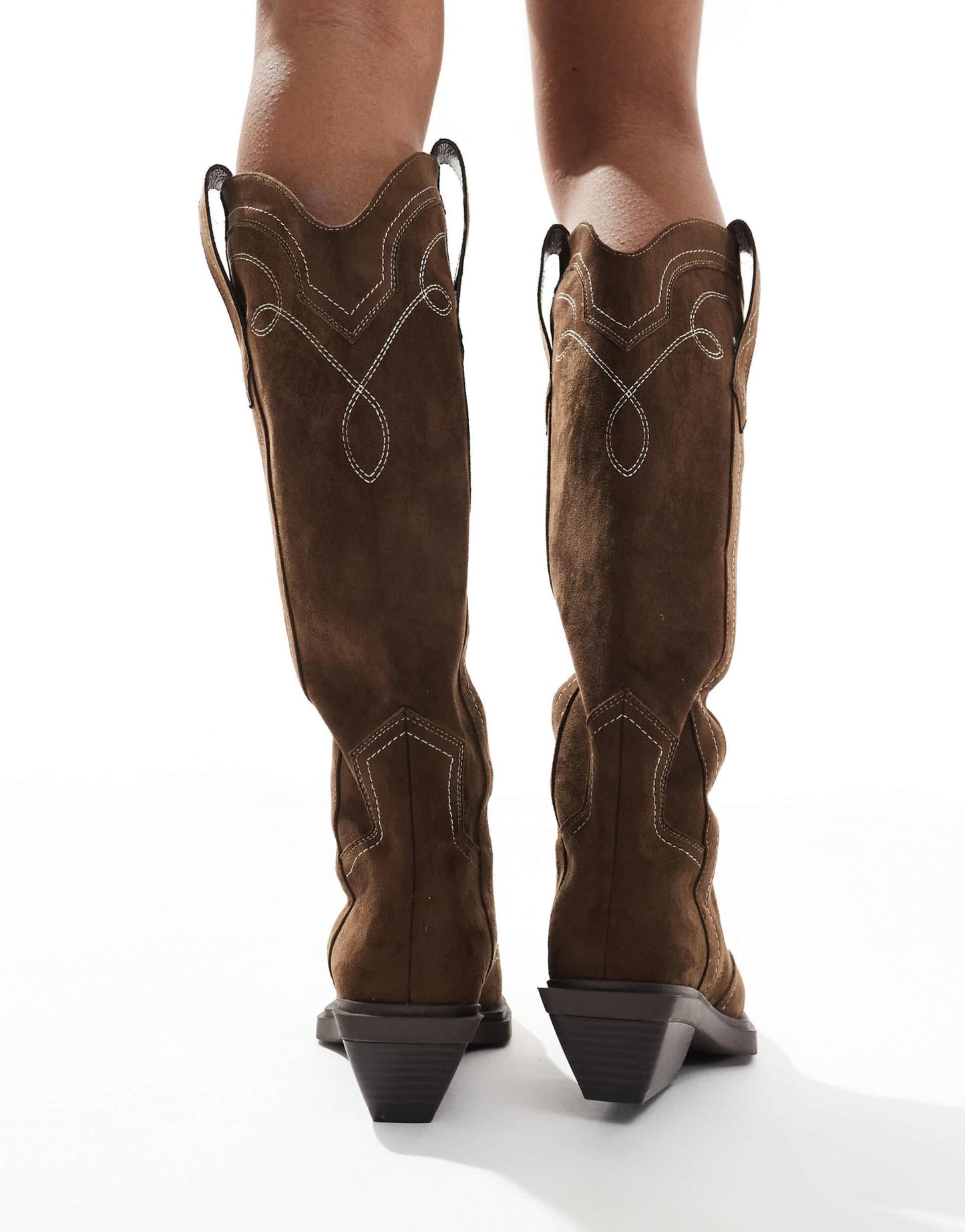 ASOS DESIGN Celeste flat western knee boots in choc faux suede - ASOS Sample Sale