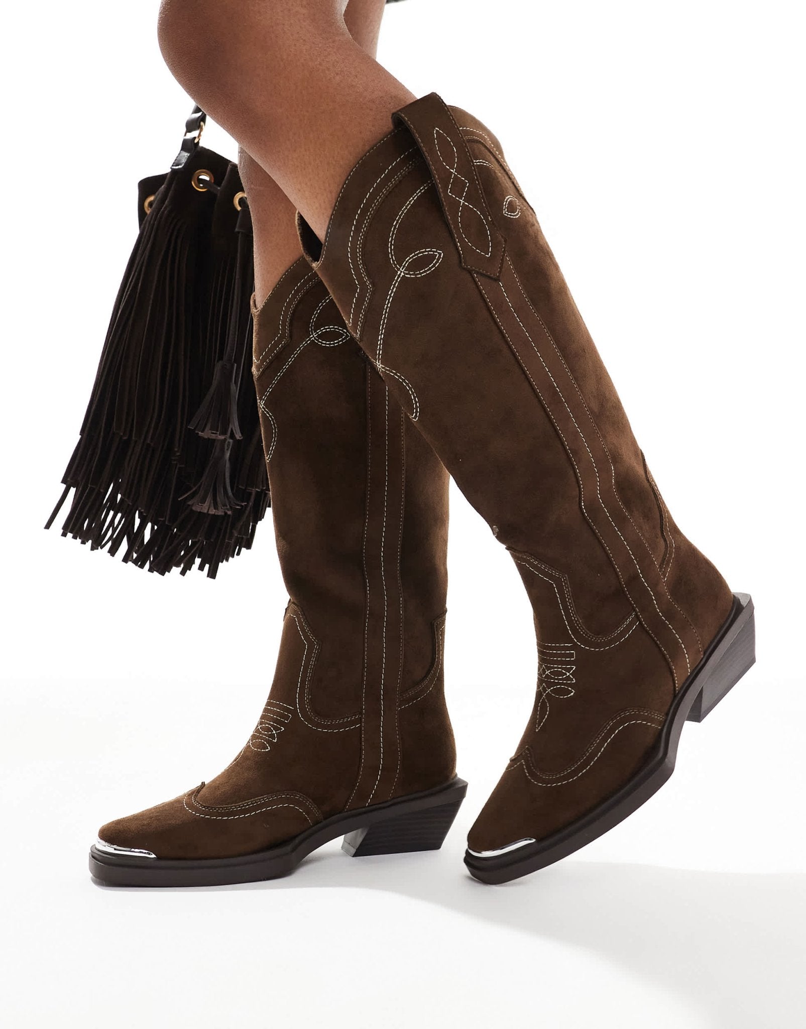 ASOS DESIGN Celeste flat western knee boots in choc faux suede - ASOS Sample Sale