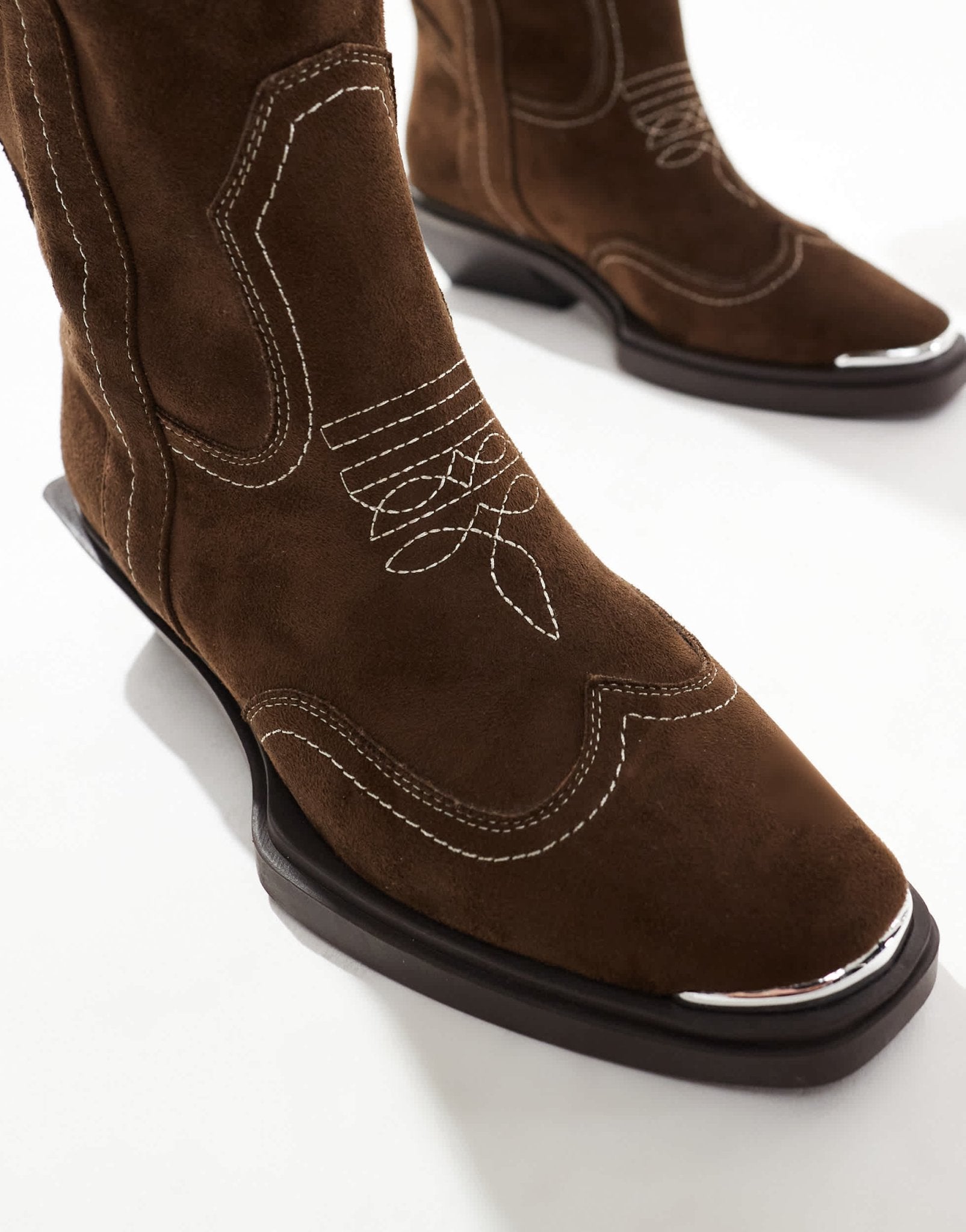 ASOS DESIGN Celeste flat western knee boots in choc faux suede - ASOS Sample Sale