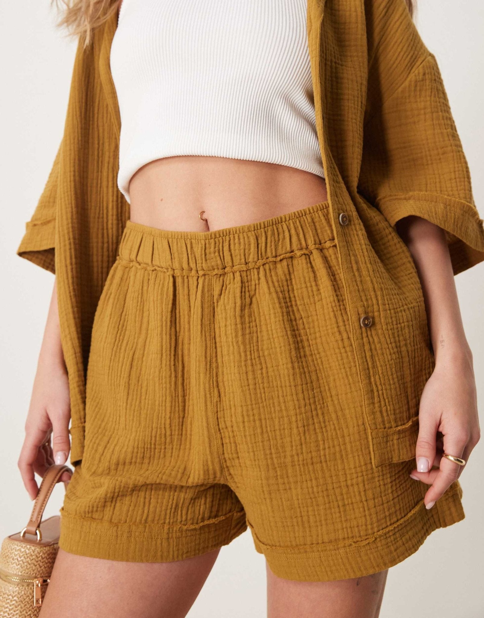 ASOS DESIGN cheesecloth pull on shorts with raw edge detail co - ord in olive - ASOS Sample Sale