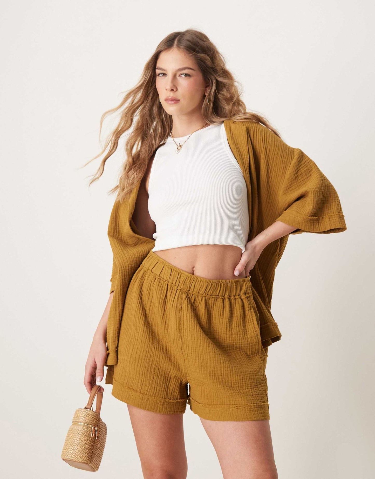 ASOS DESIGN cheesecloth pull on shorts with raw edge detail co - ord in olive - ASOS Sample Sale