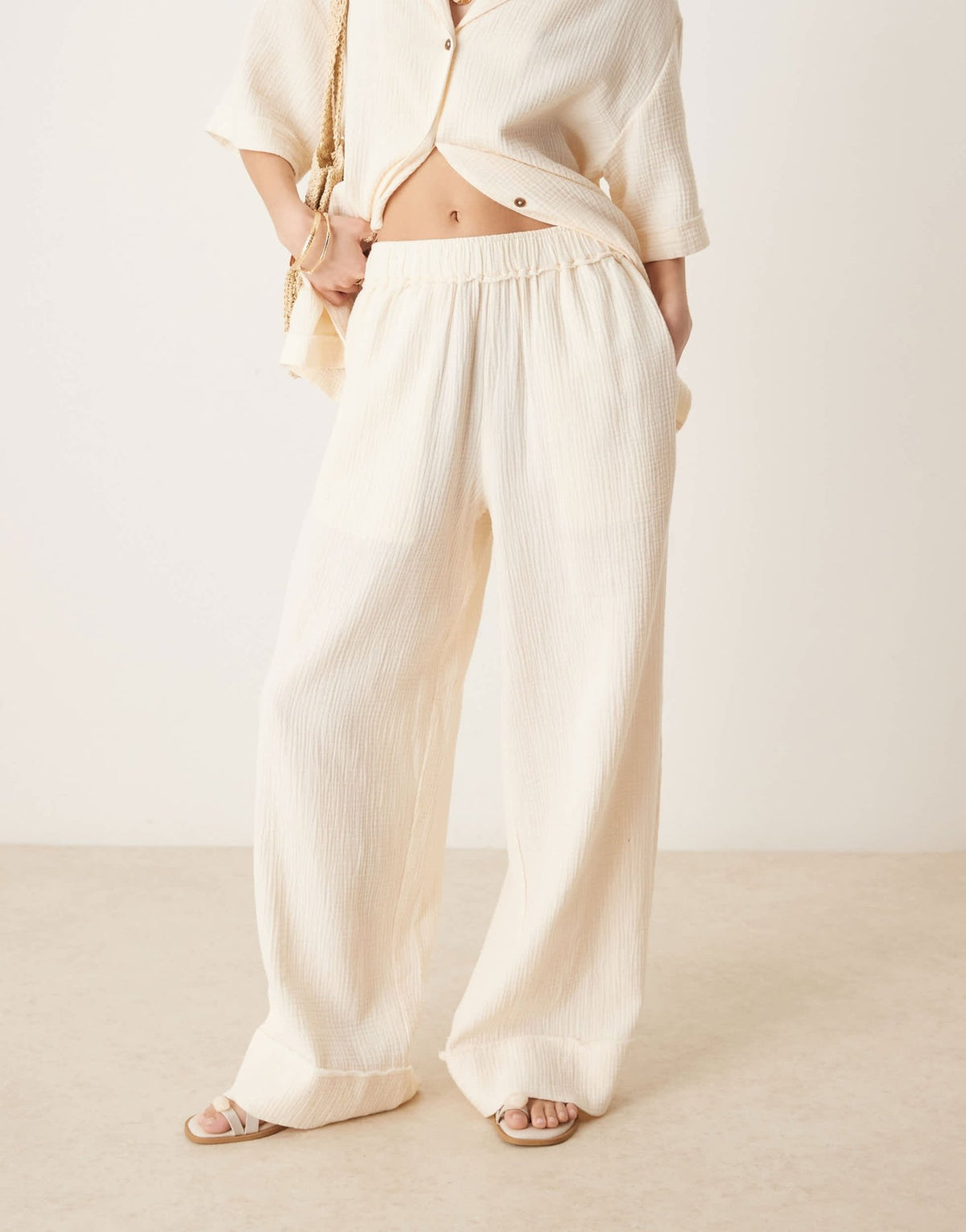 ASOS DESIGN cheesecloth pull on trousers with raw edge detail co-ord in buttermilk - ASOS Sample Sale