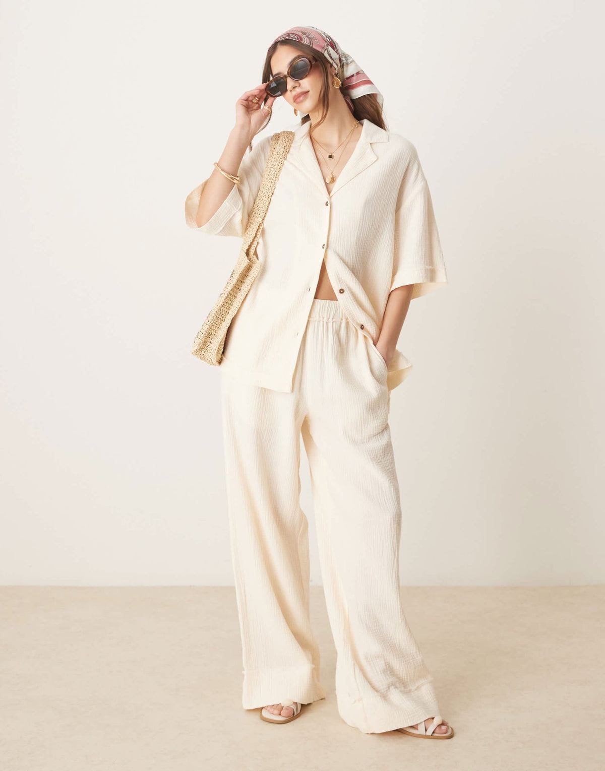 ASOS DESIGN cheesecloth pull on trousers with raw edge detail co-ord in buttermilk - ASOS Sample Sale