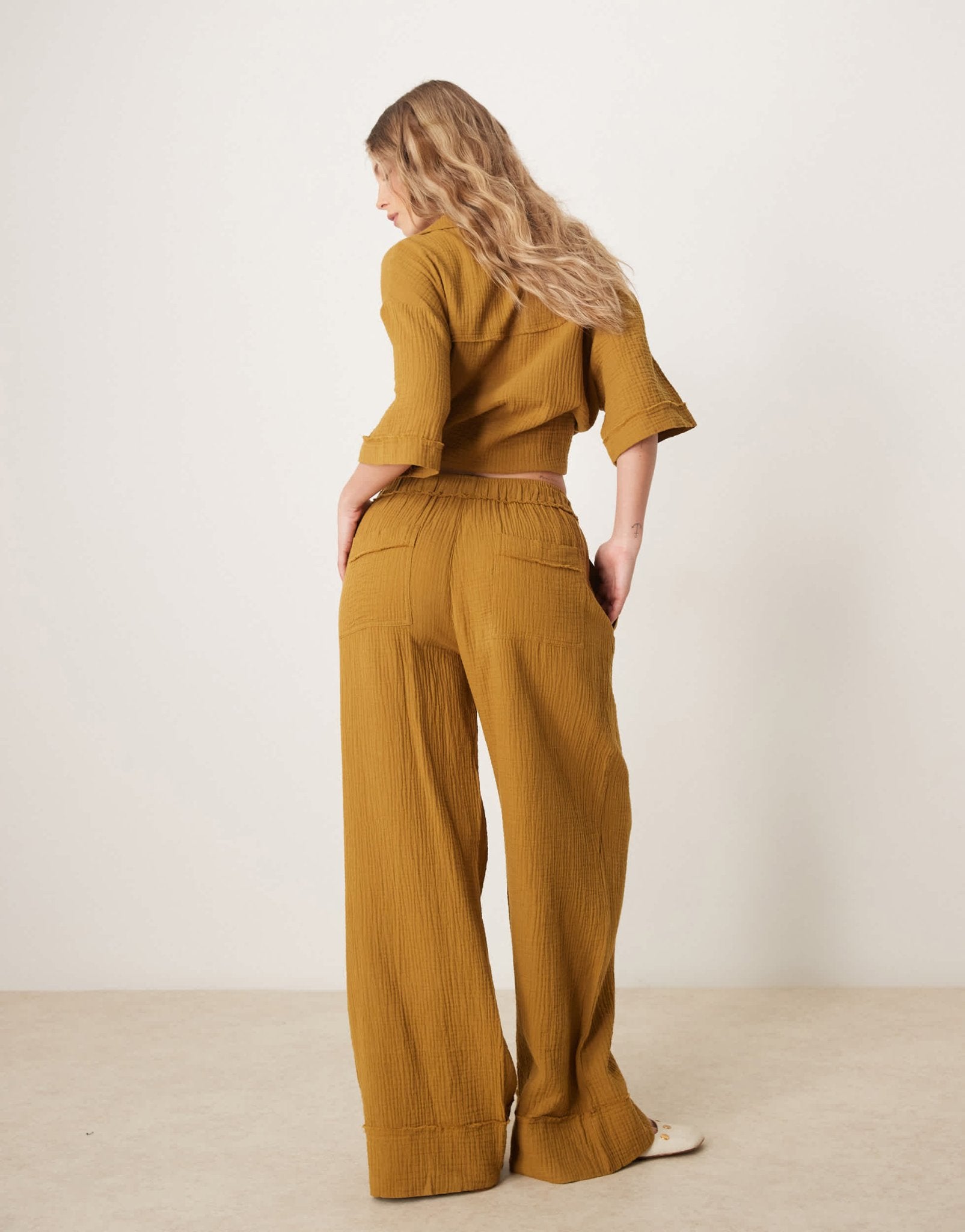 ASOS DESIGN cheesecloth pull on trousers with raw edge detail co - ord in olive - ASOS Sample Sale