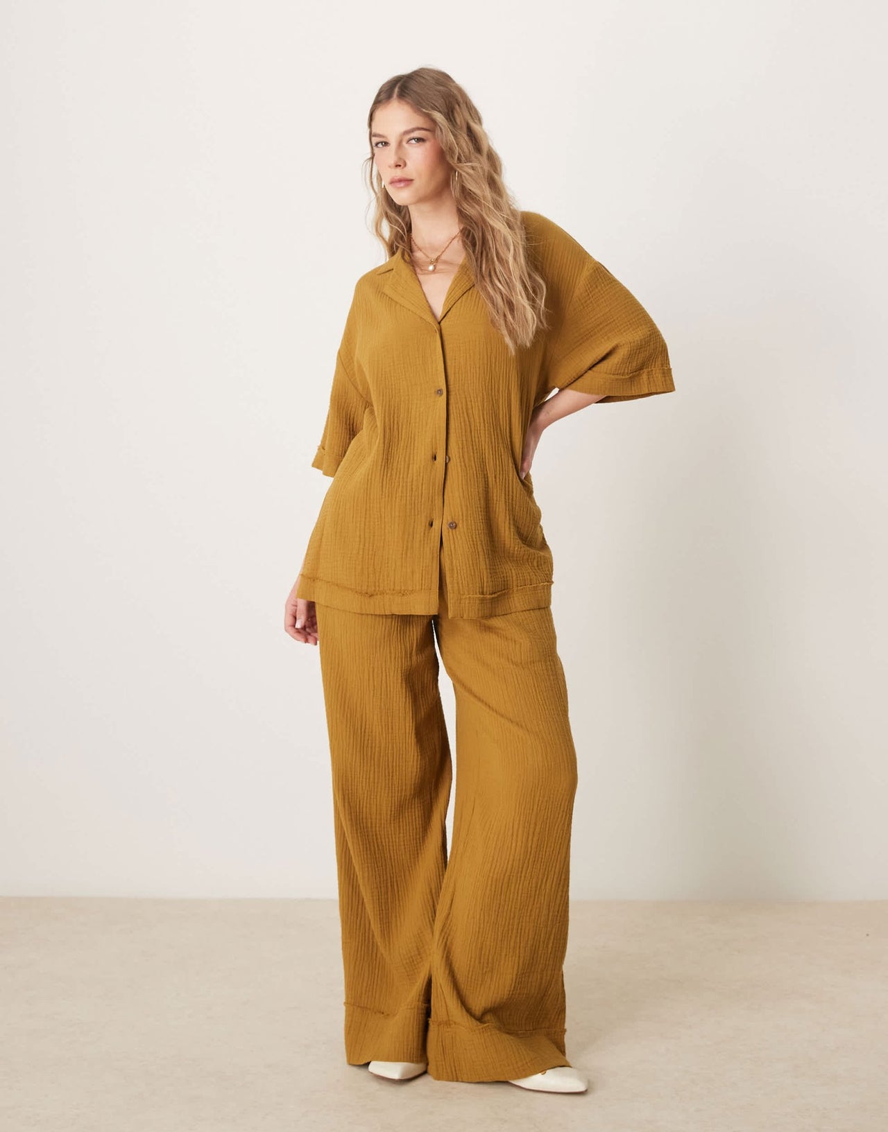 ASOS DESIGN cheesecloth shirt co-ord in olive - ASOS Sample Sale