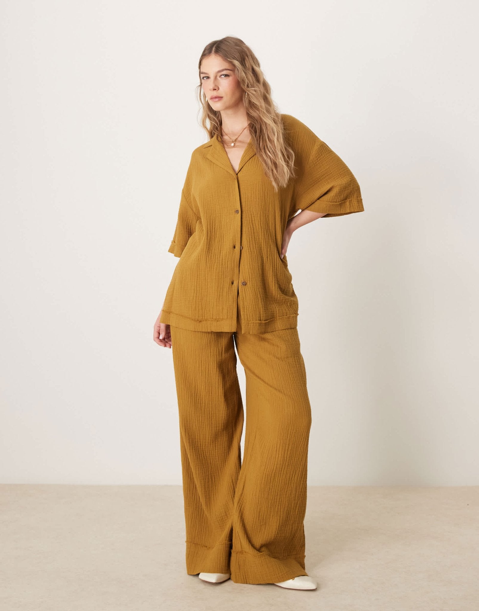 ASOS DESIGN cheesecloth shirt co-ord in olive - ASOS Sample Sale