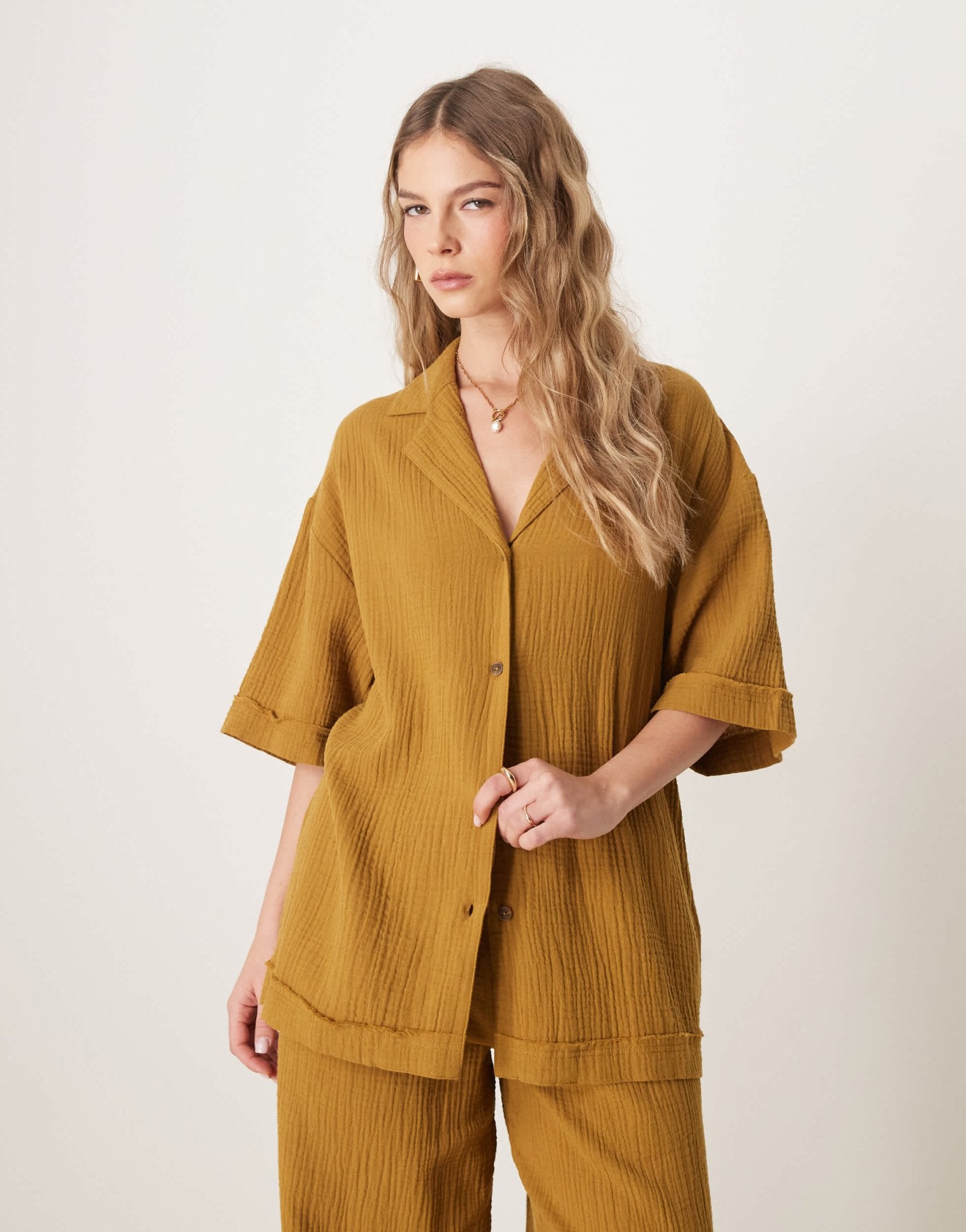 ASOS DESIGN cheesecloth shirt co-ord in olive - ASOS Sample Sale