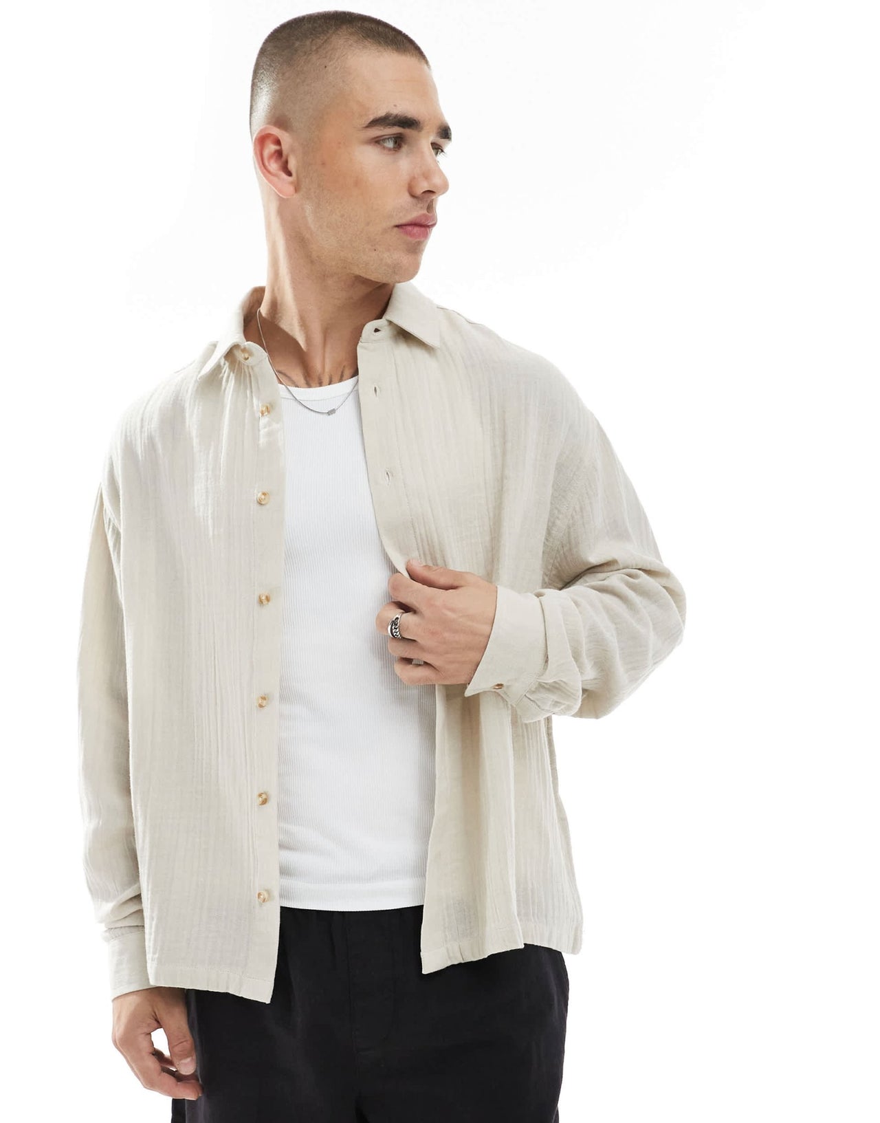 ASOS DESIGN cheesecloth textured regular shirt in stone - ASOS Sample Sale