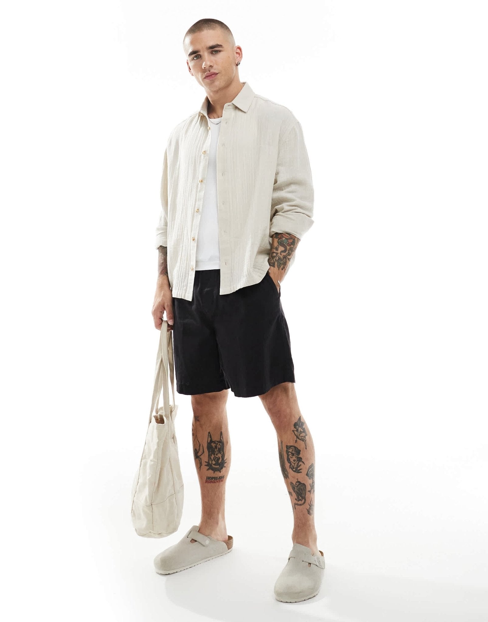 ASOS DESIGN cheesecloth textured regular shirt in stone - ASOS Sample Sale