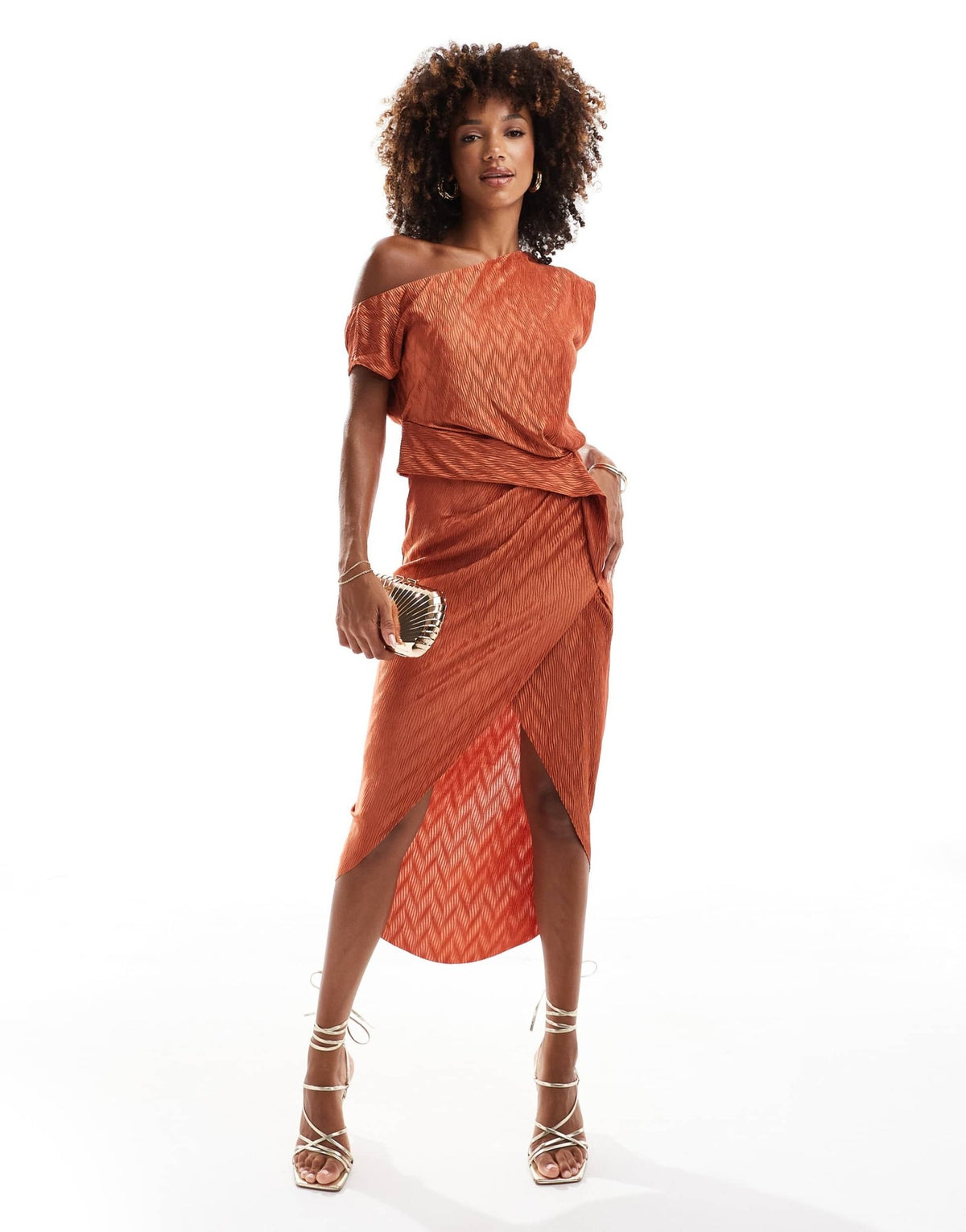 ASOS DESIGN chevron plisse high neck midi dress with cowl back in rust - ASOS Sample Sale