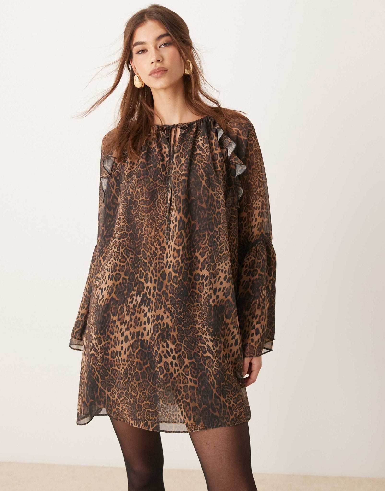 ASOS DESIGN chiffon angel sleeve mini dress in leopard print - ASOS Sample Sale