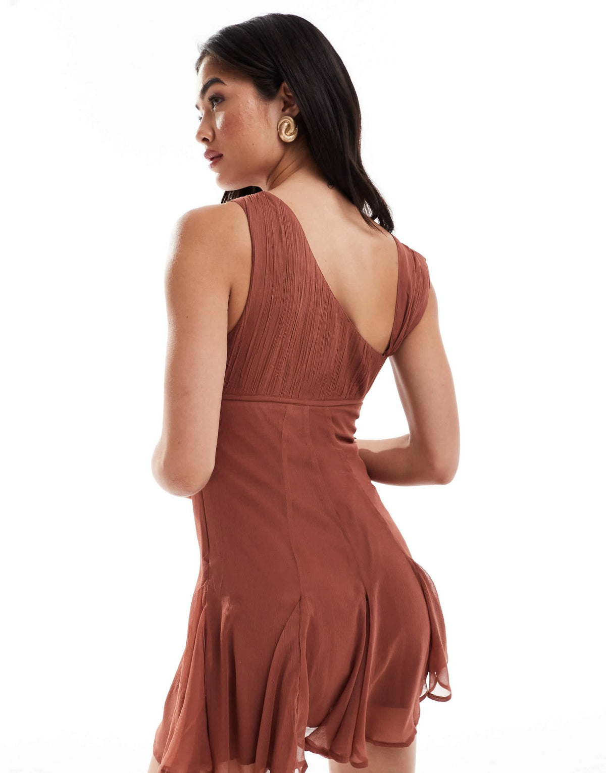 ASOS DESIGN chiffon asymmetric mini dress with godet in chocolate - ASOS Sample Sale
