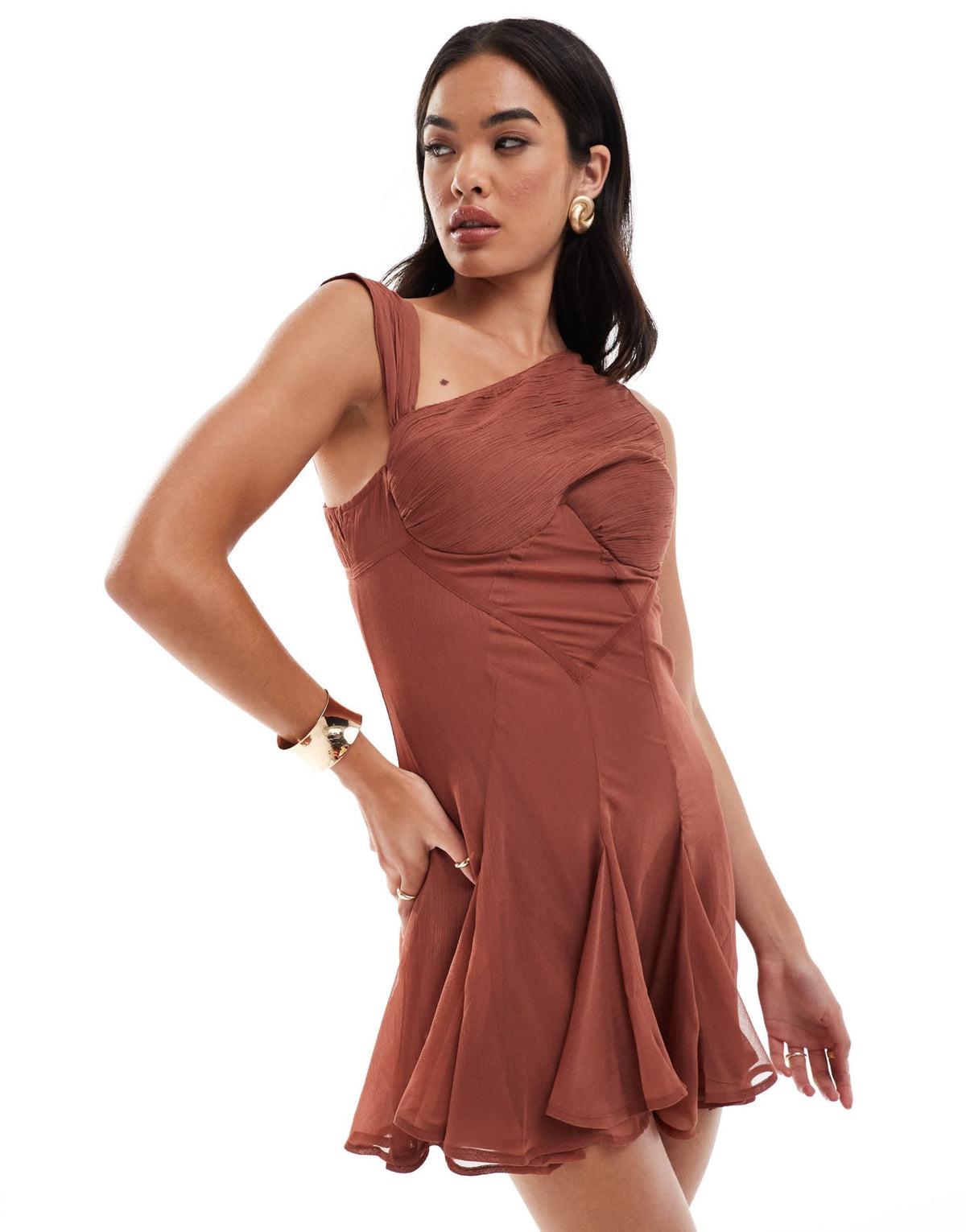 ASOS DESIGN chiffon asymmetric mini dress with godet in chocolate - ASOS Sample Sale