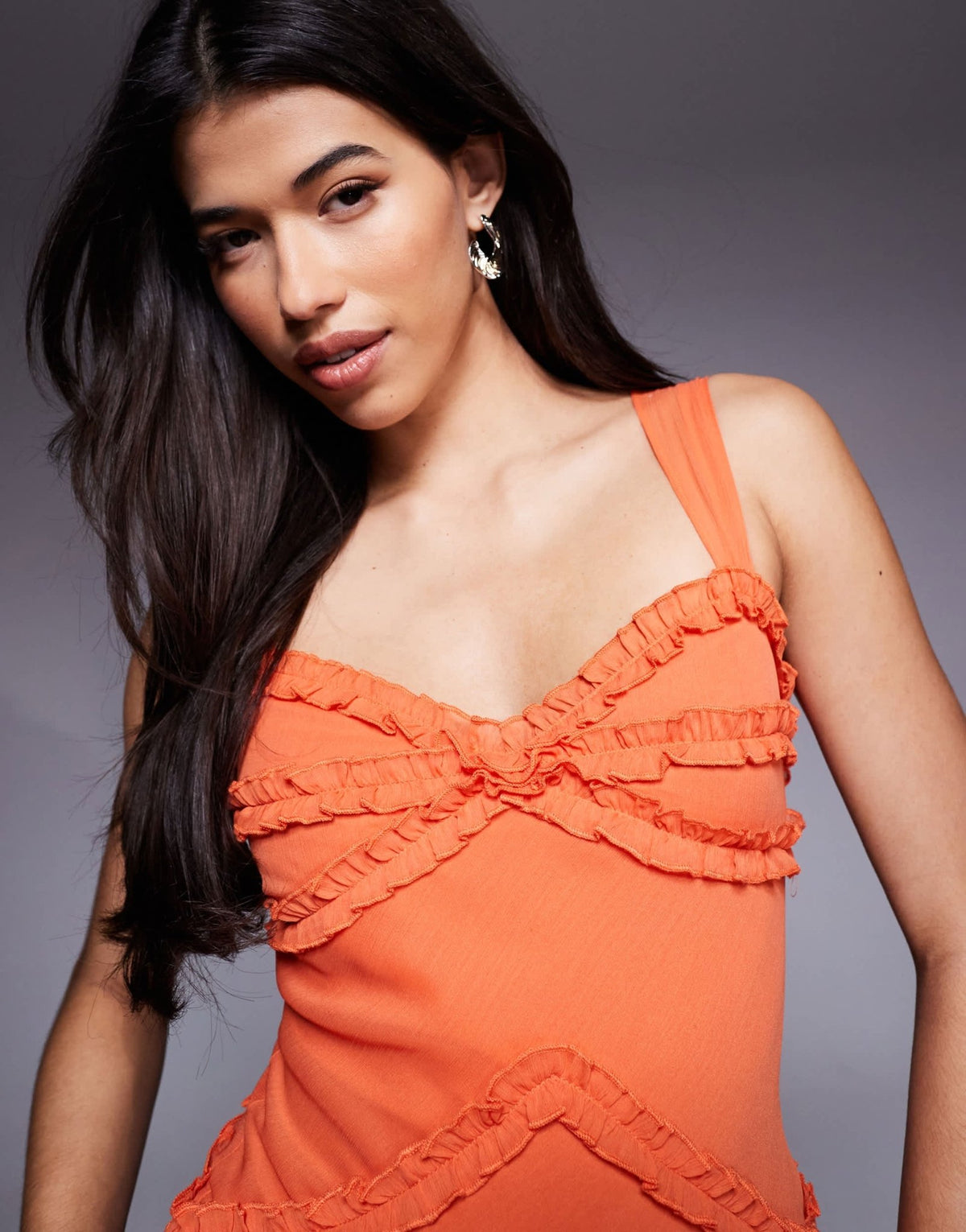 ASOS DESIGN chiffon micro ruffle detail cami mini dress with godet skirt in orange - ASOS Sample Sale