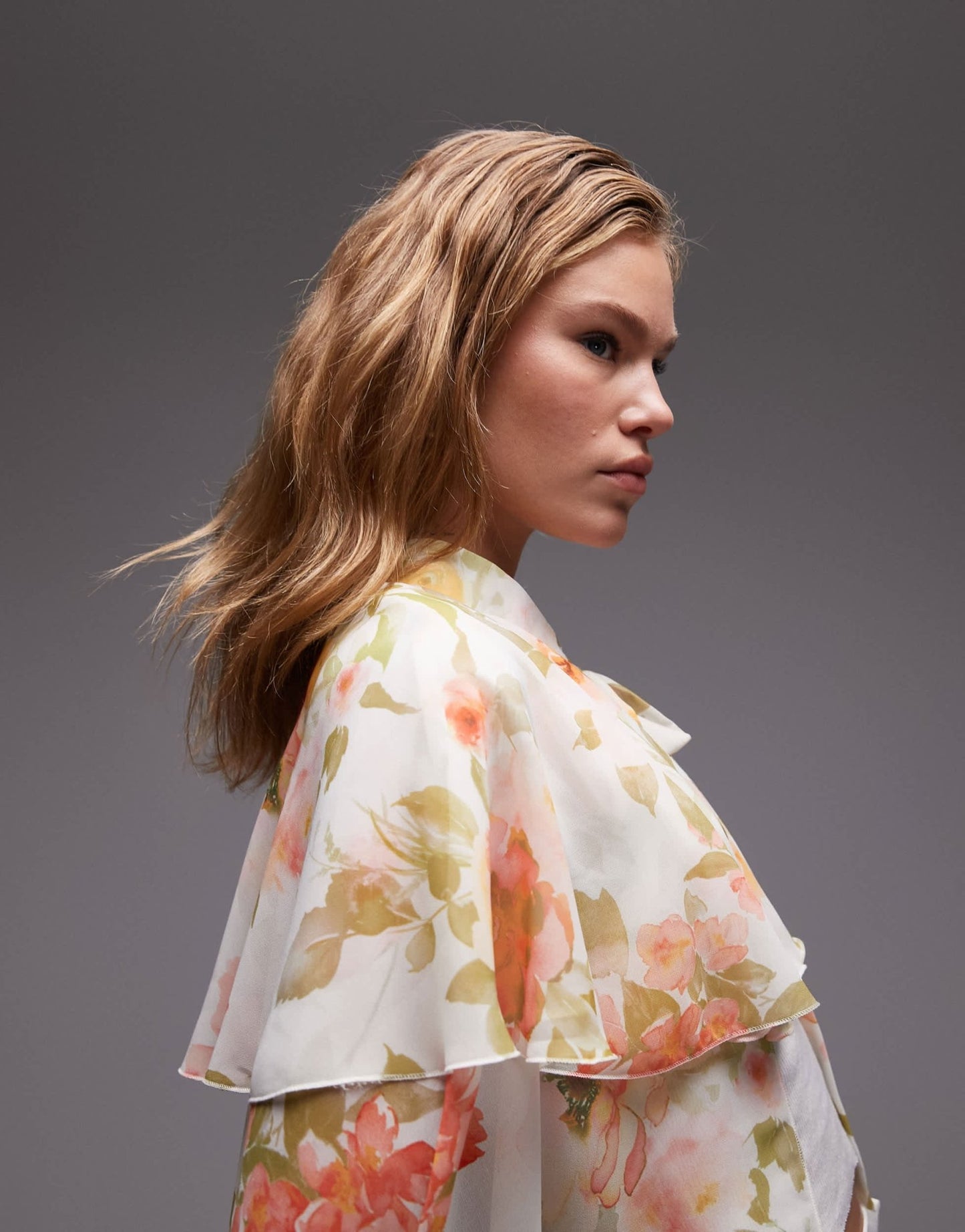 ASOS DESIGN chiffon ruffle tie front cape top in oversized floral - ASOS Sample Sale