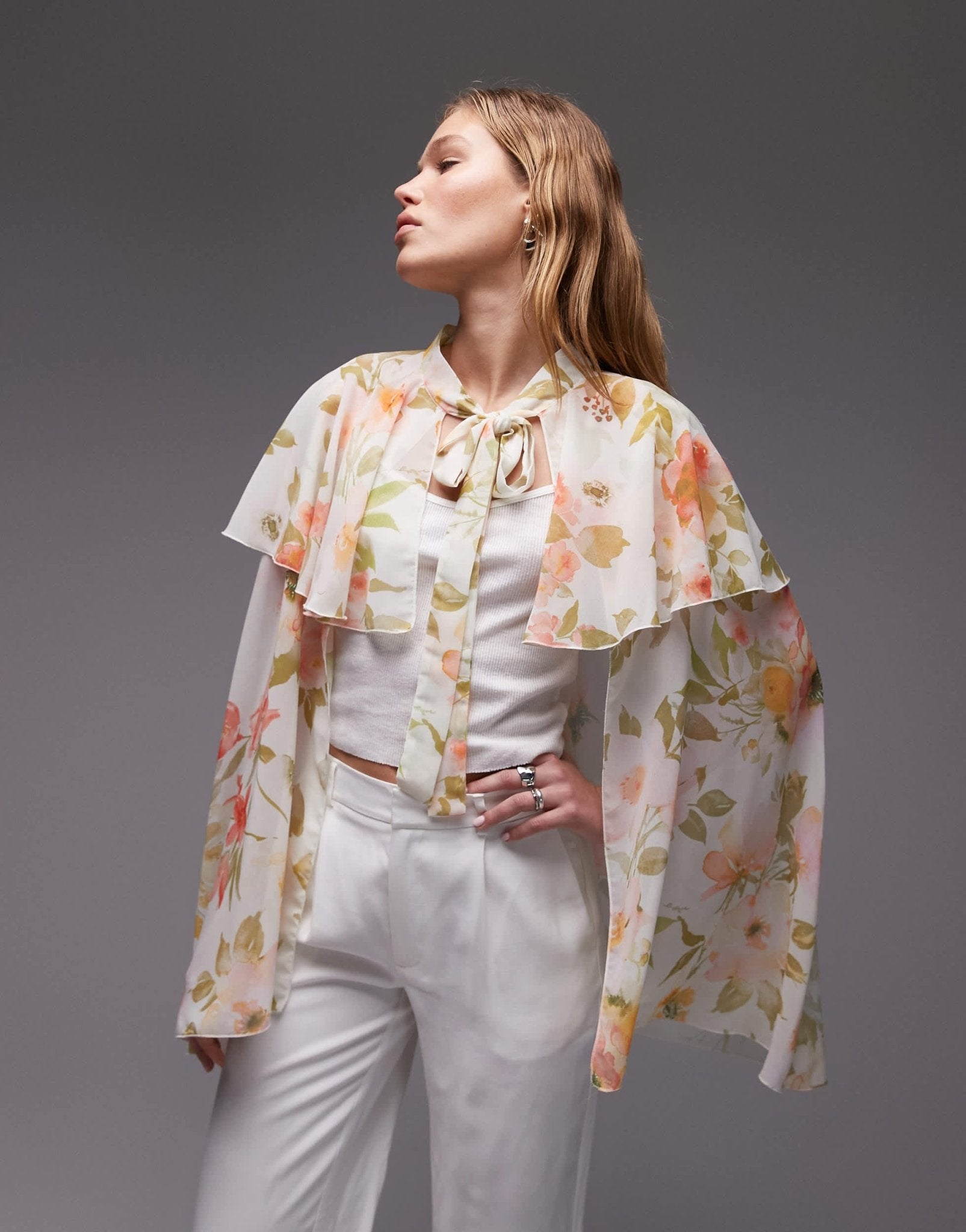 ASOS DESIGN chiffon ruffle tie front cape top in oversized floral - ASOS Sample Sale