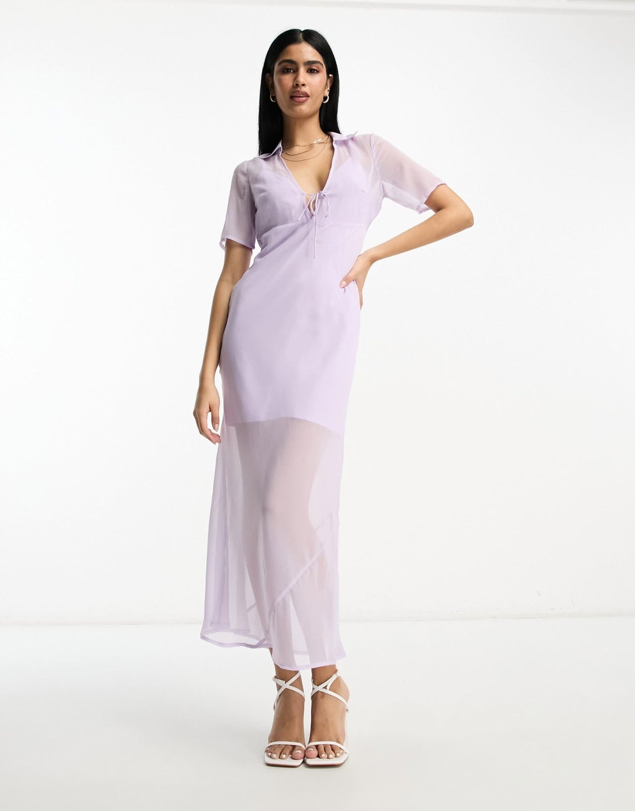 ASOS DESIGN chiffon short sleeve collar midi dress in pale lilac - ASOS Sample Sale