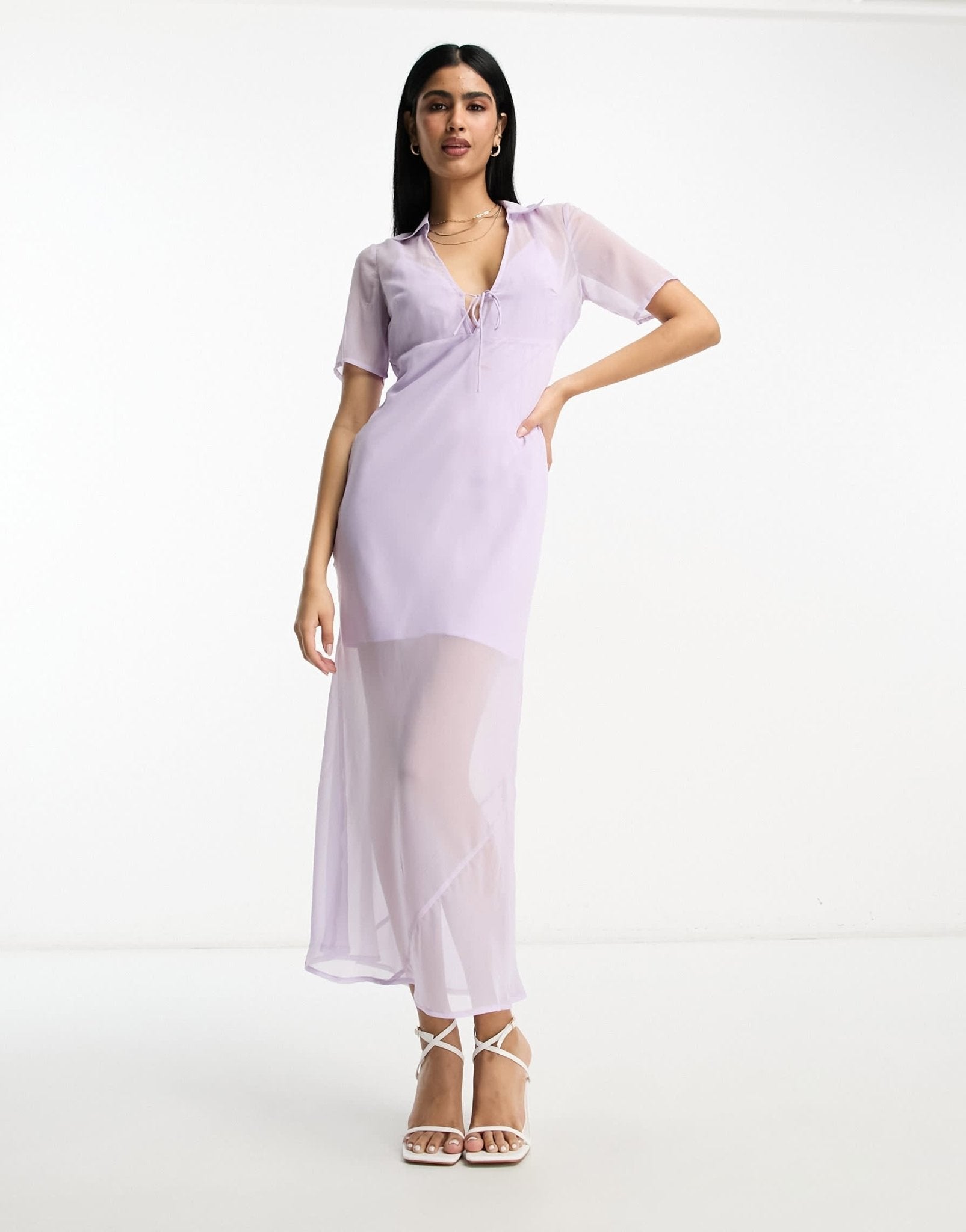 ASOS DESIGN chiffon short sleeve collar midi dress in pale lilac - ASOS Sample Sale
