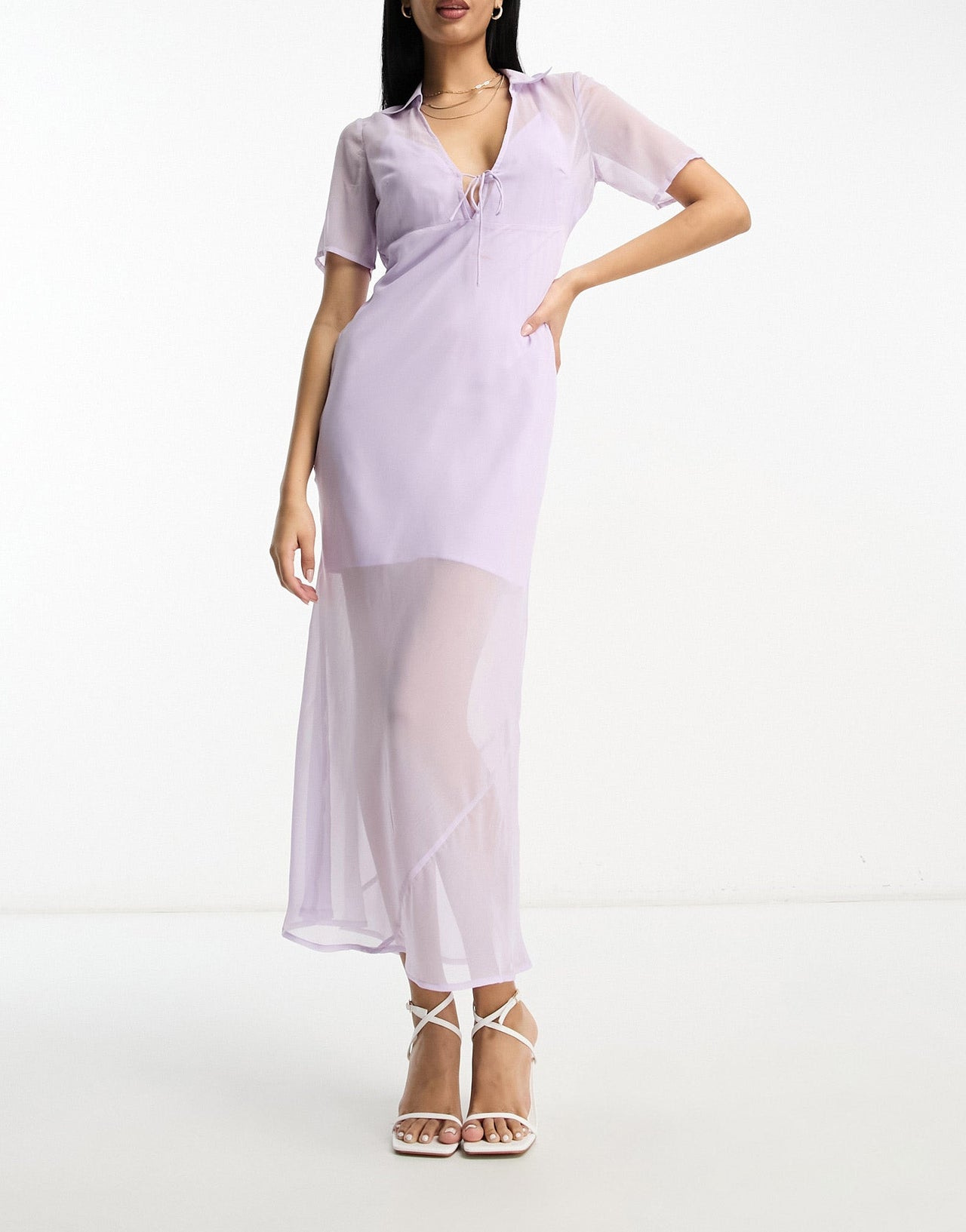 ASOS DESIGN chiffon short sleeve collar midi dress in pale lilac - ASOS Sample Sale
