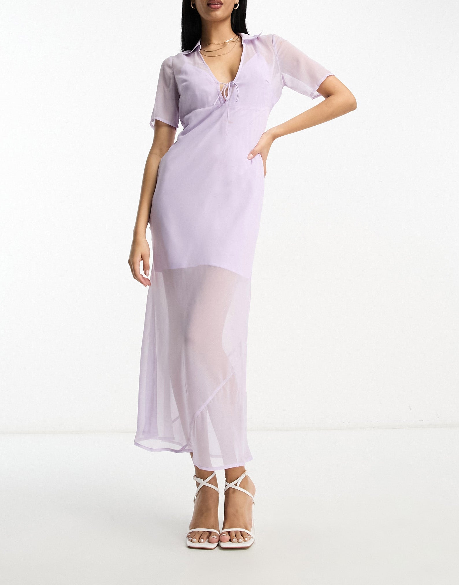 ASOS DESIGN chiffon short sleeve collar midi dress in pale lilac - ASOS Sample Sale