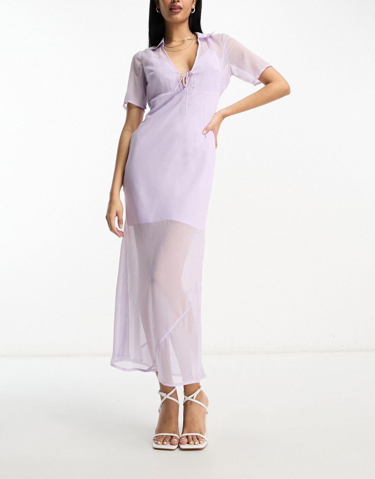 ASOS DESIGN chiffon short sleeve collar midi dress in pale lilac - ASOS Sample Sale