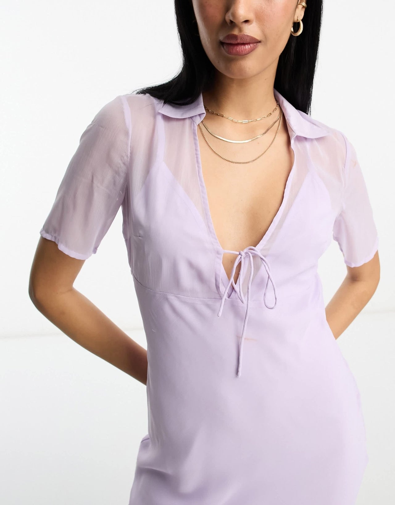 ASOS DESIGN chiffon short sleeve collar midi dress in pale lilac - ASOS Sample Sale