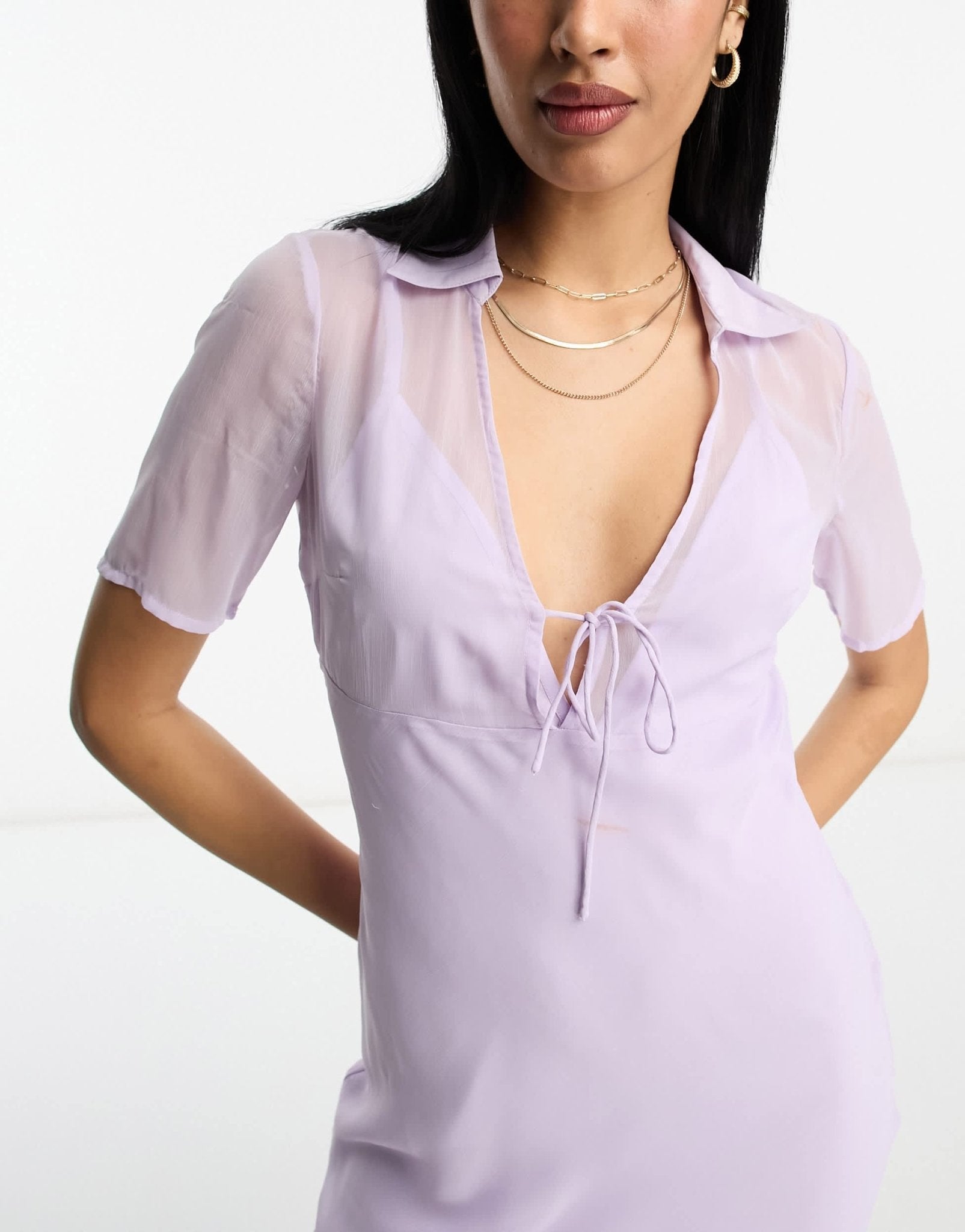 ASOS DESIGN chiffon short sleeve collar midi dress in pale lilac - ASOS Sample Sale