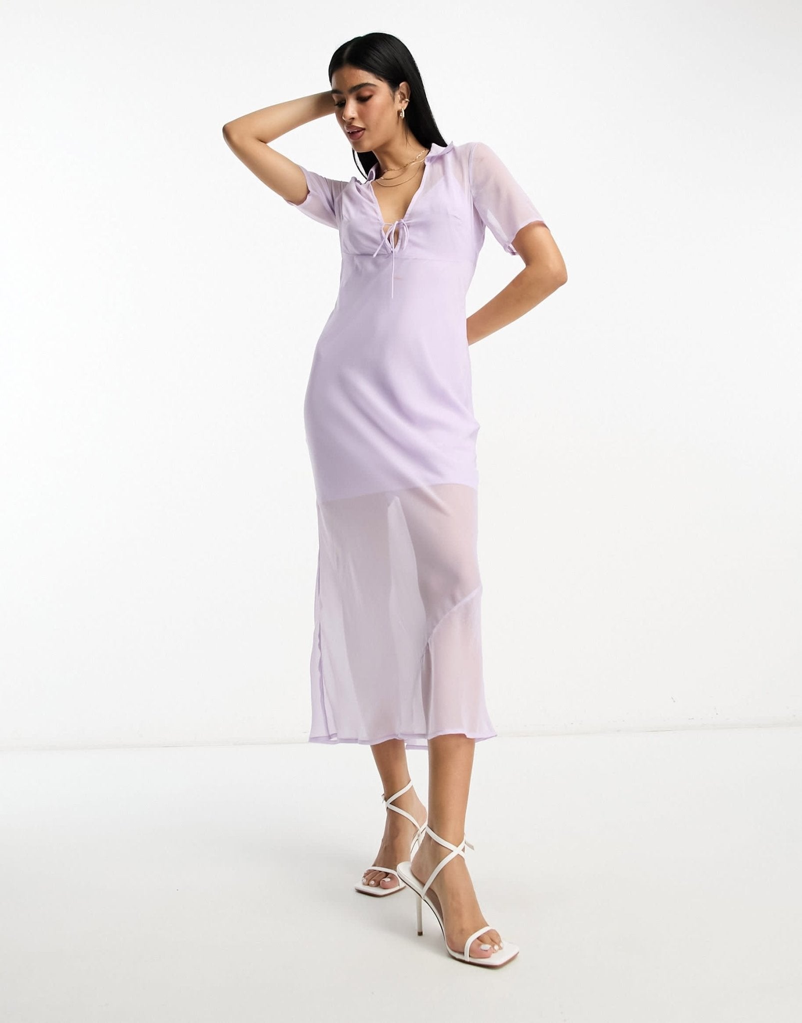ASOS DESIGN chiffon short sleeve collar midi dress in pale lilac - ASOS Sample Sale